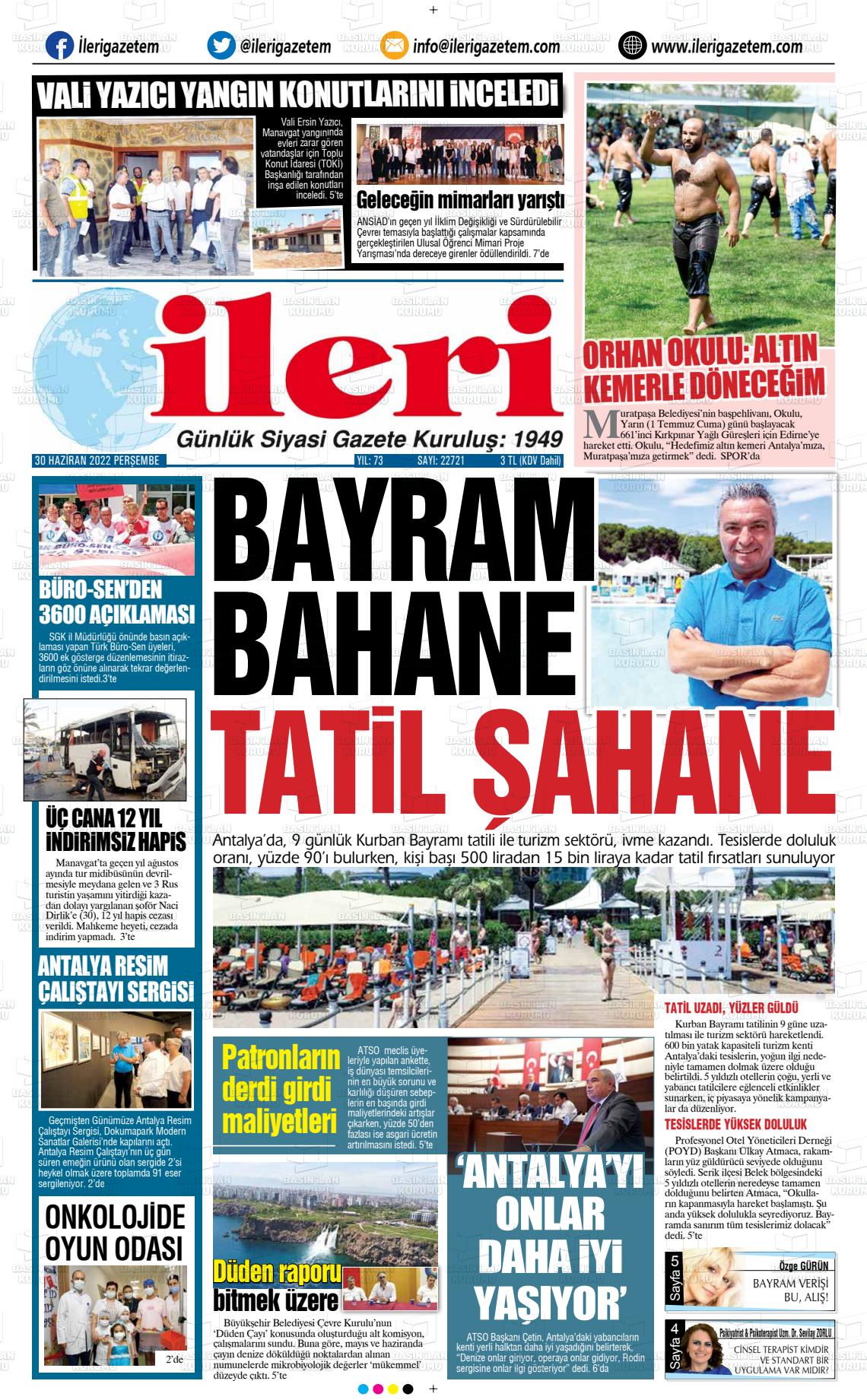 01 Temmuz 2022 Antalya İleri Gazetem Gazete Manşeti