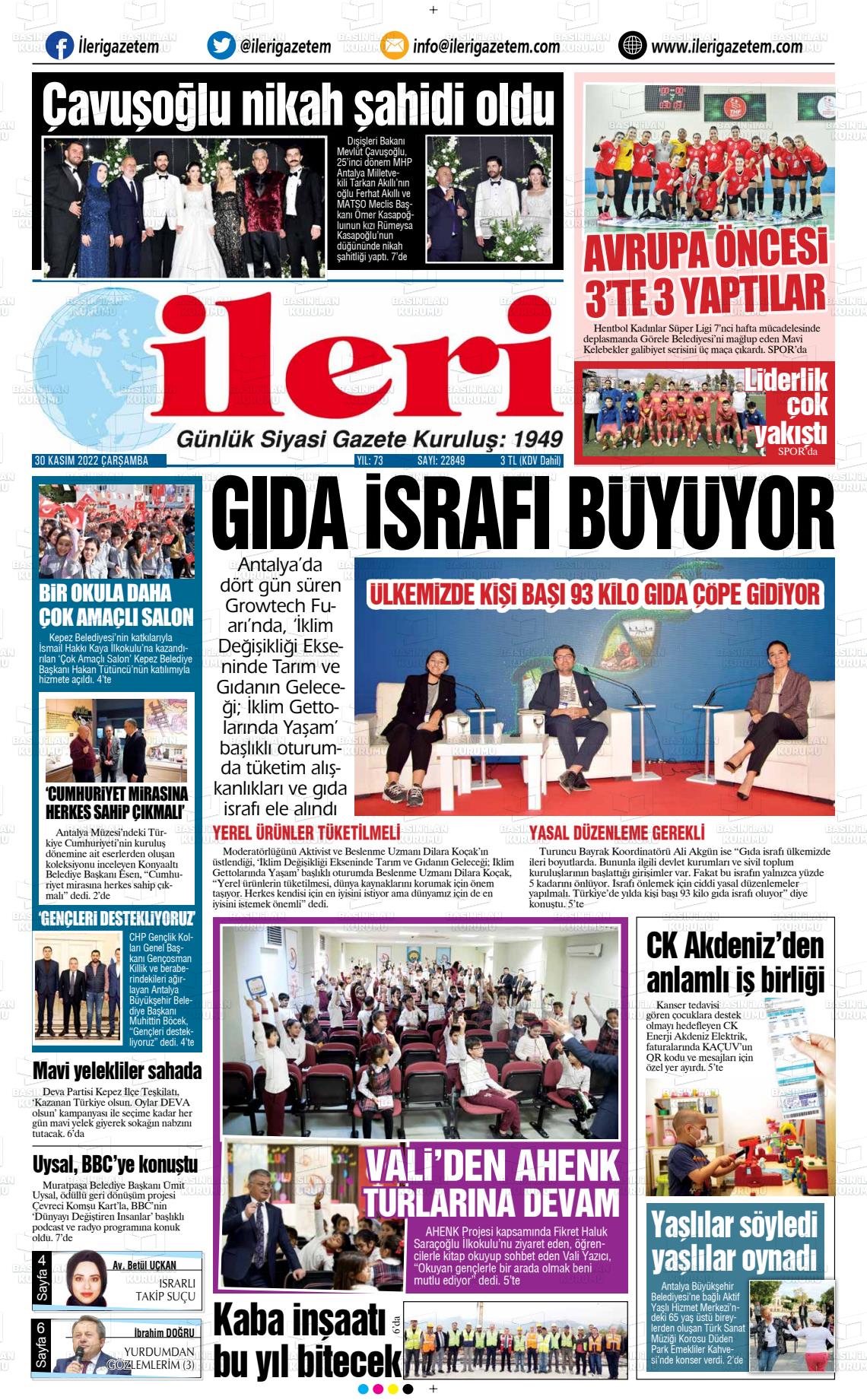 30 Kasım 2022 Antalya İleri Gazetem Gazete Manşeti