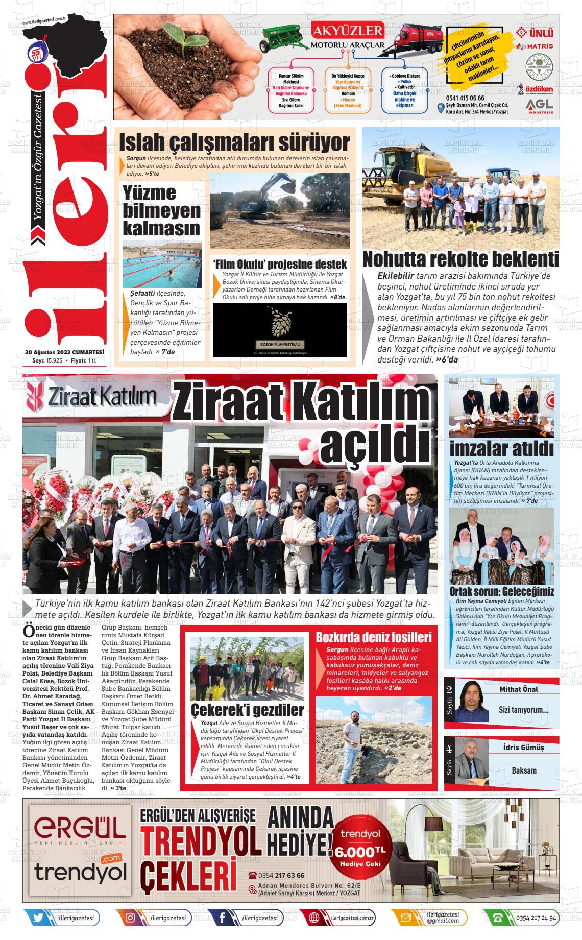 20 Ağustos 2022 İleri Gazete Manşeti