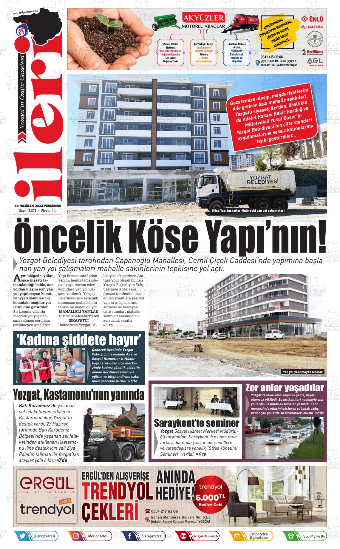 02 Temmuz 2022 İleri Gazete Manşeti