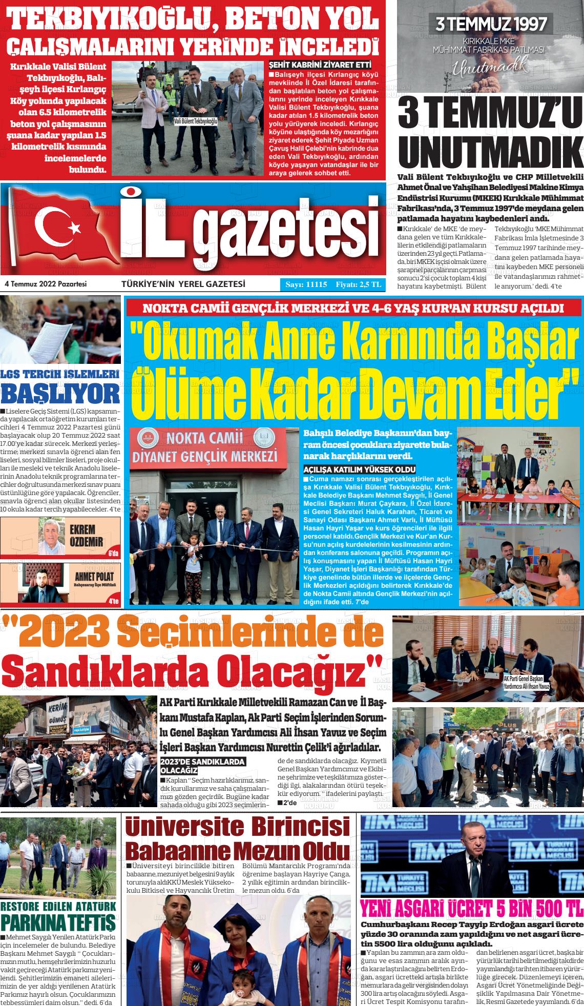 04 Temmuz 2022 Kırıkkale İl Gazete Manşeti