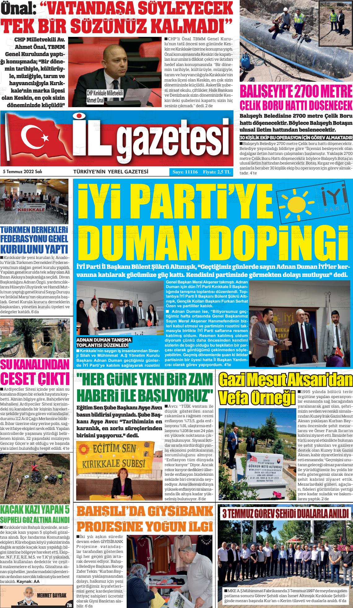 05 Temmuz 2022 Kırıkkale İl Gazete Manşeti
