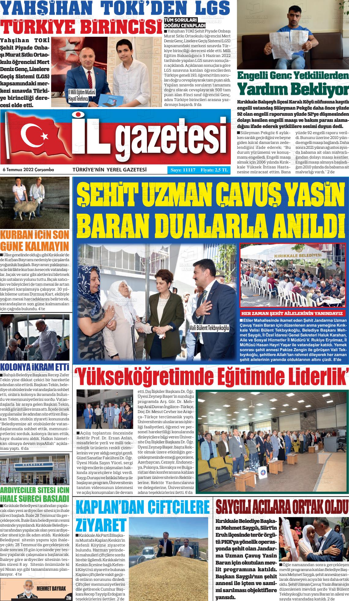 06 Temmuz 2022 Kırıkkale İl Gazete Manşeti