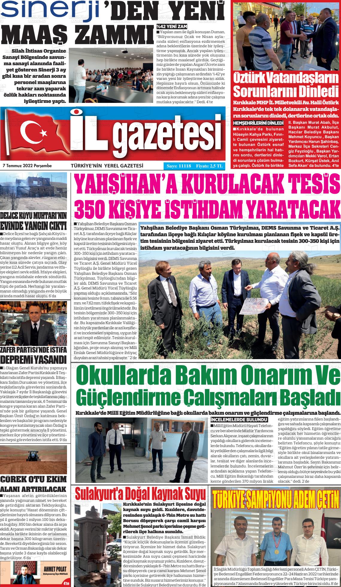 07 Temmuz 2022 Kırıkkale İl Gazete Manşeti