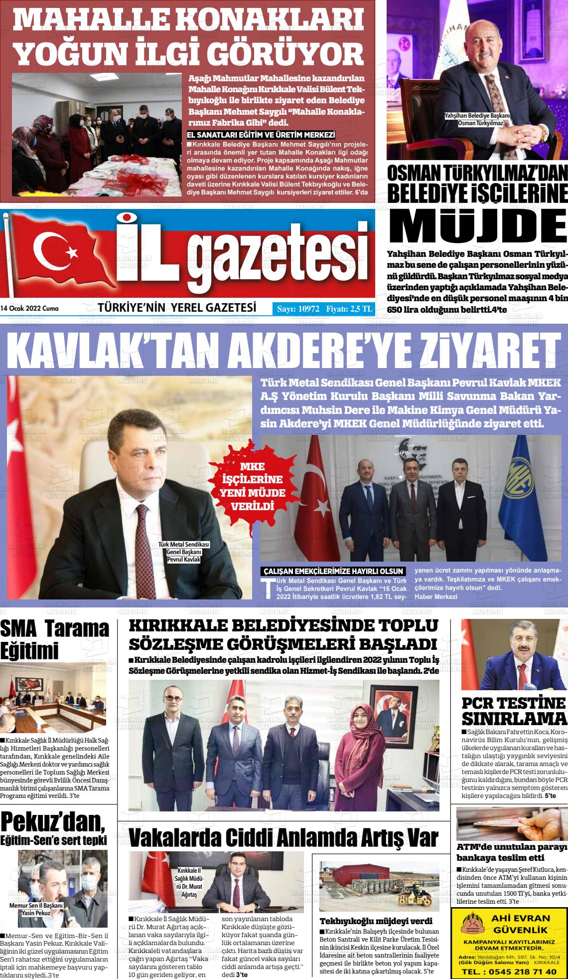 14 Ocak 2022 Kırıkkale İl Gazete Manşeti