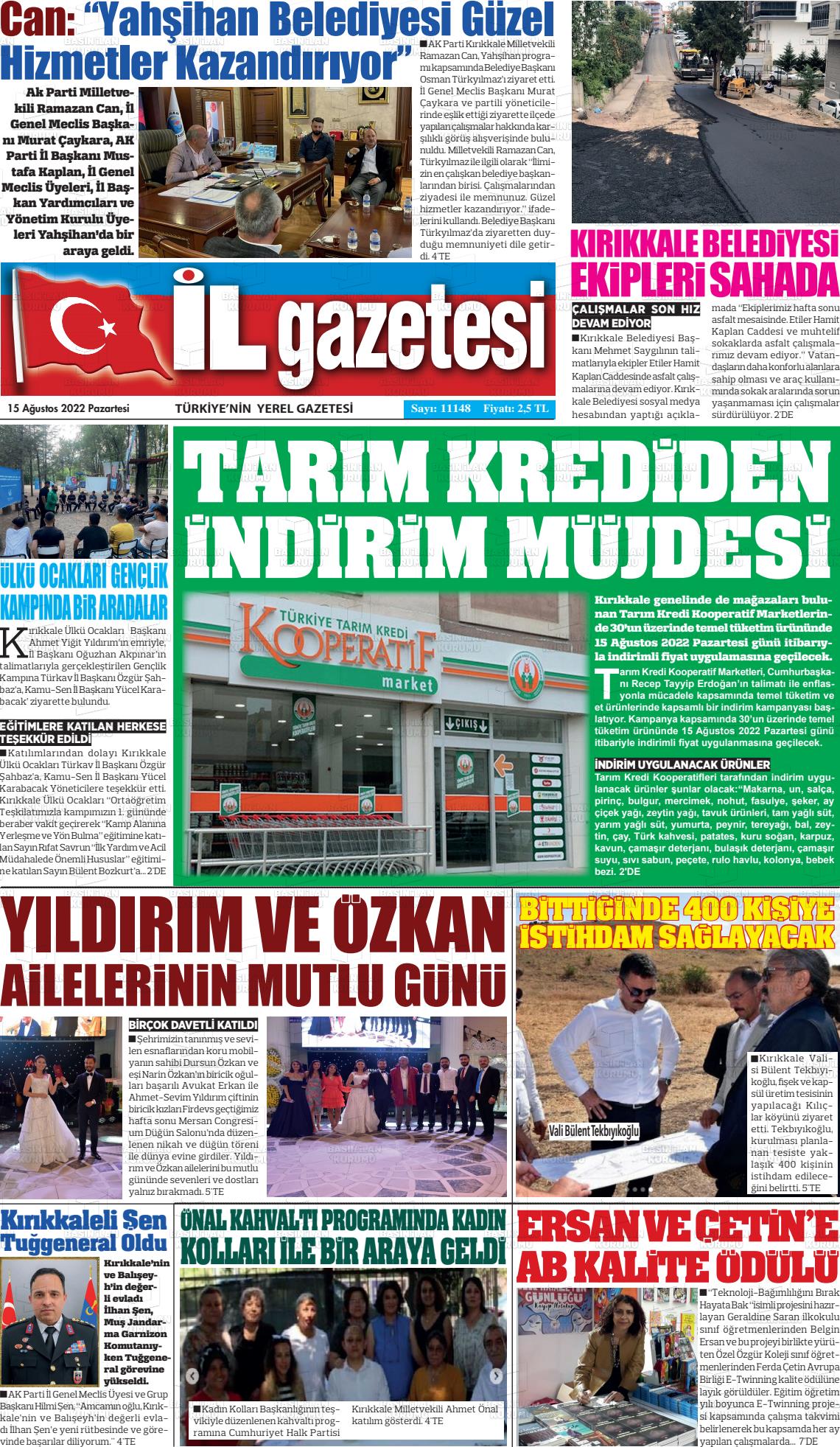 15 Ağustos 2022 Kırıkkale İl Gazete Manşeti