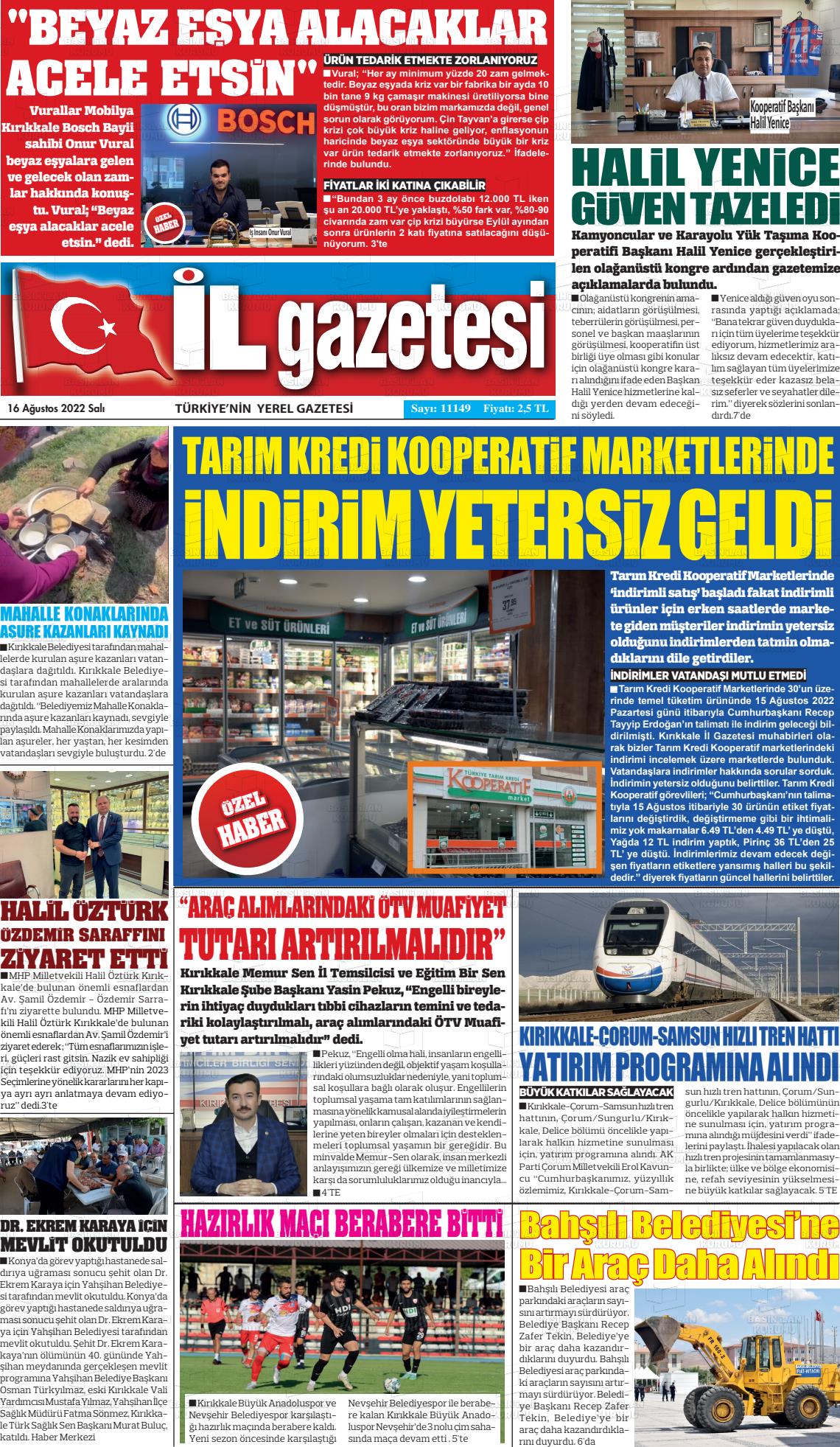 16 Ağustos 2022 Kırıkkale İl Gazete Manşeti