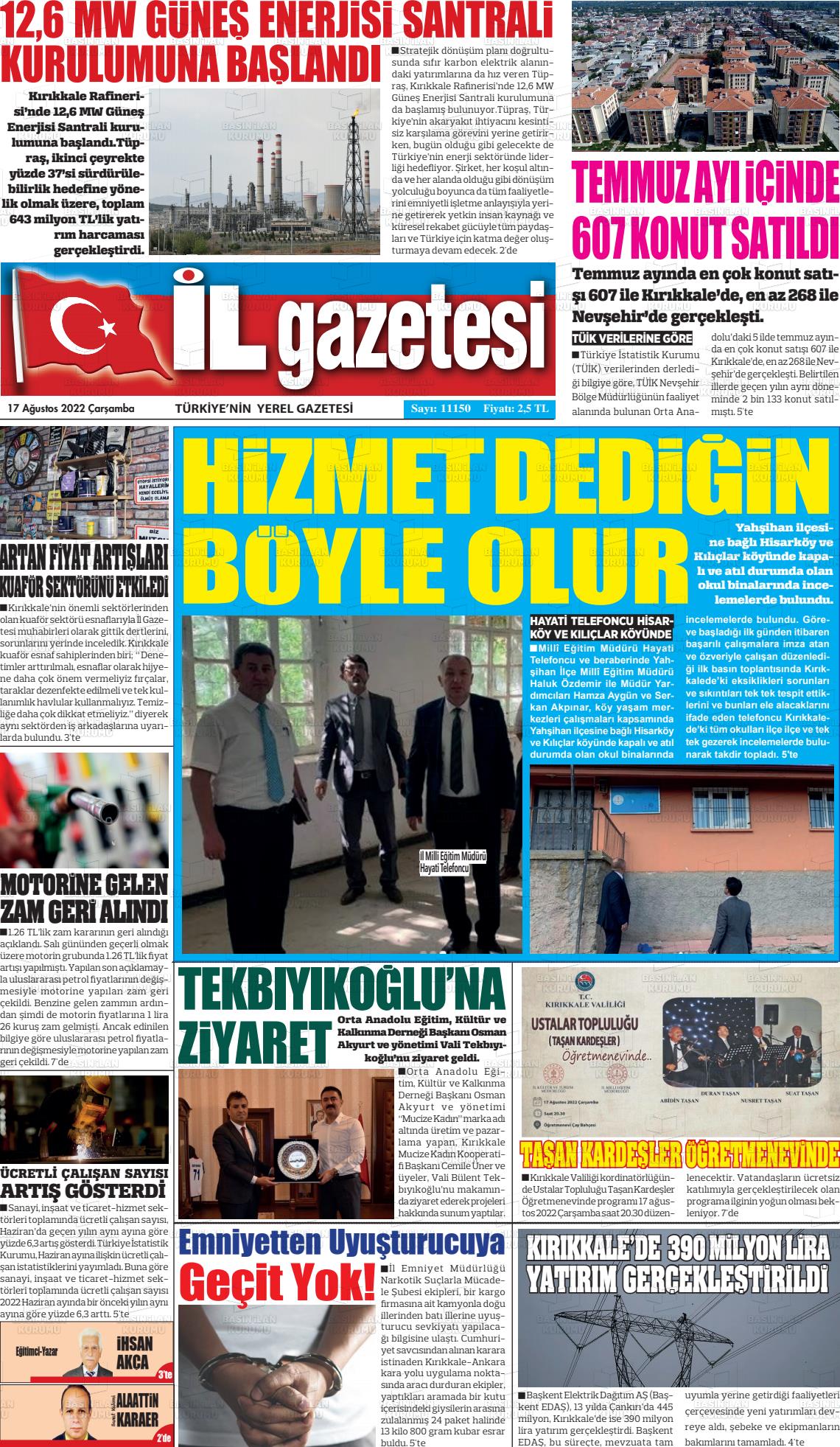 17 Ağustos 2022 Kırıkkale İl Gazete Manşeti