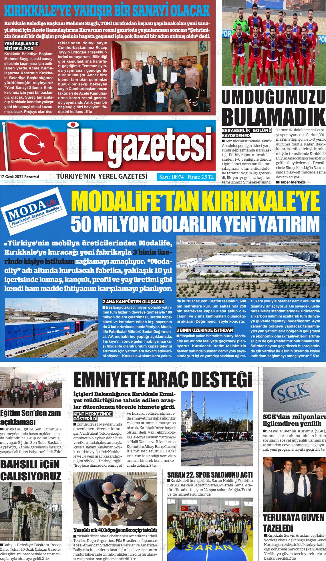 17 Ocak 2022 Kırıkkale İl Gazete Manşeti