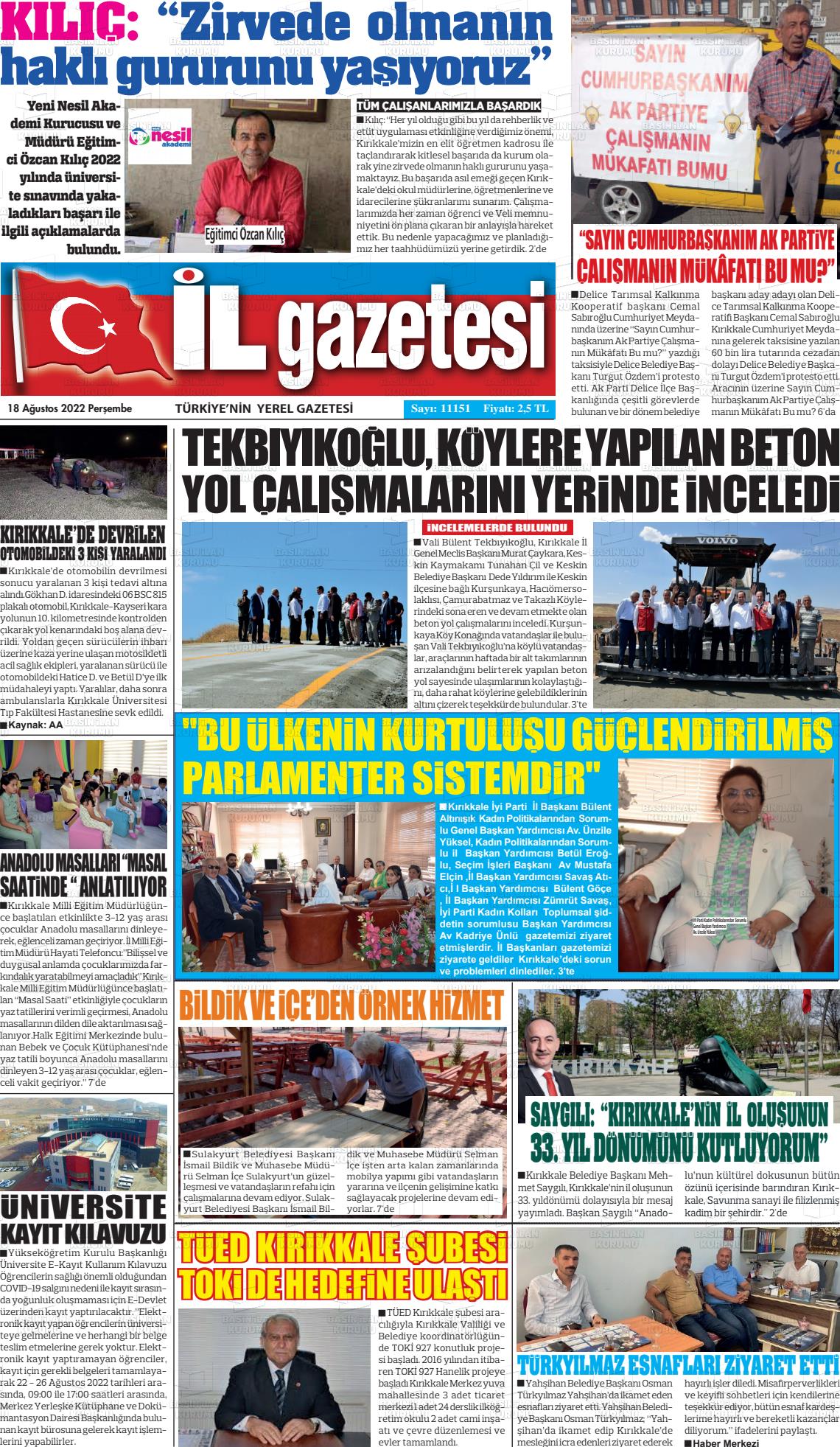 18 Ağustos 2022 Kırıkkale İl Gazete Manşeti