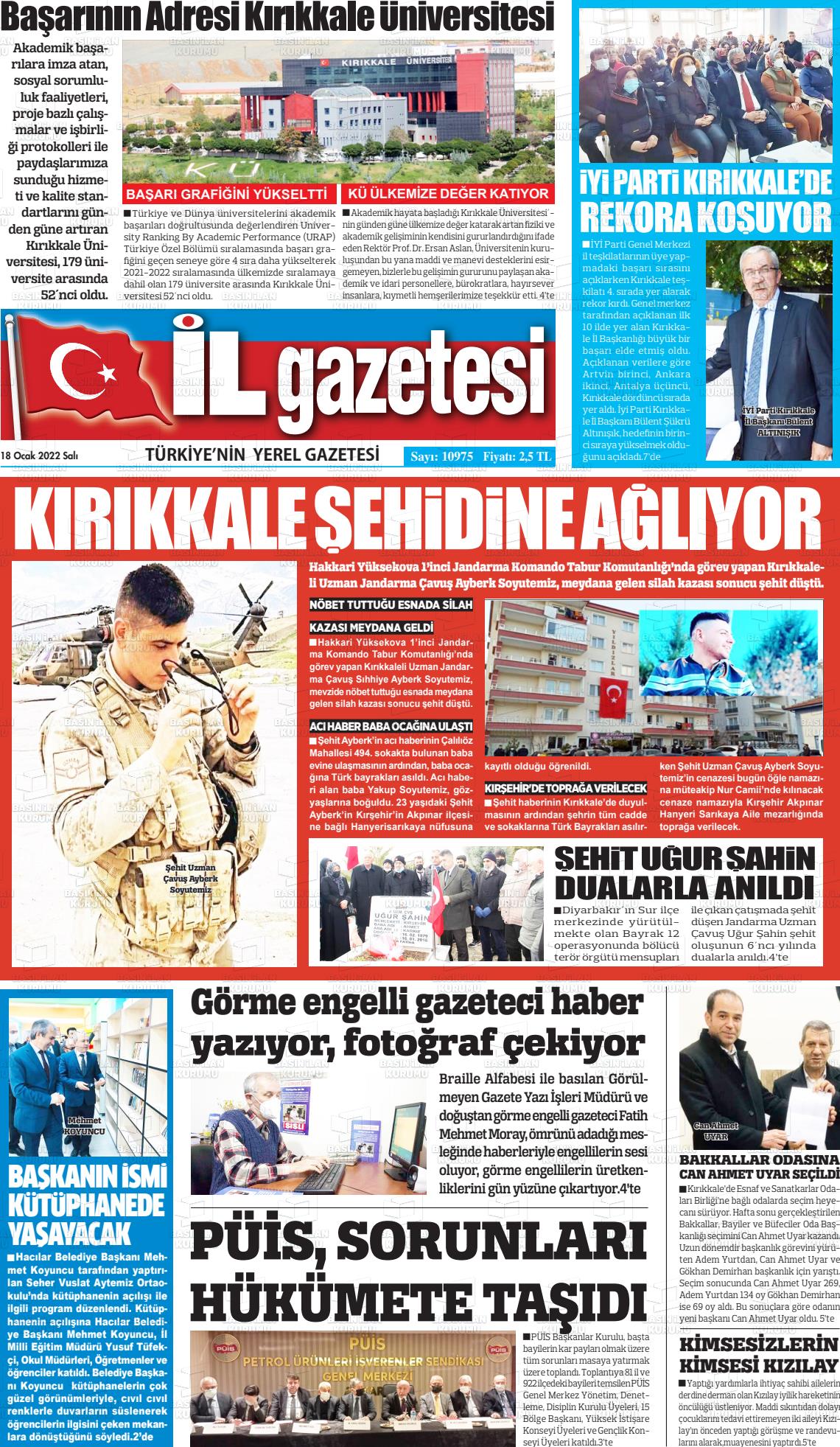 18 Ocak 2022 Kırıkkale İl Gazete Manşeti