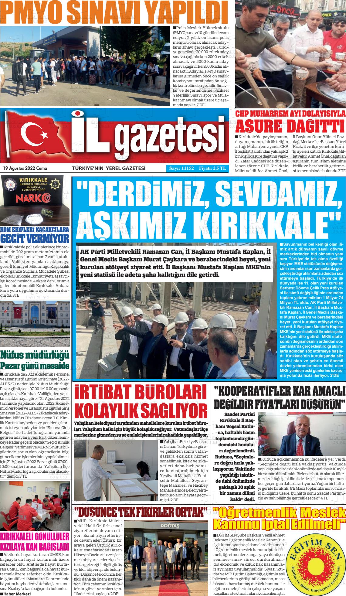 19 Ağustos 2022 Kırıkkale İl Gazete Manşeti