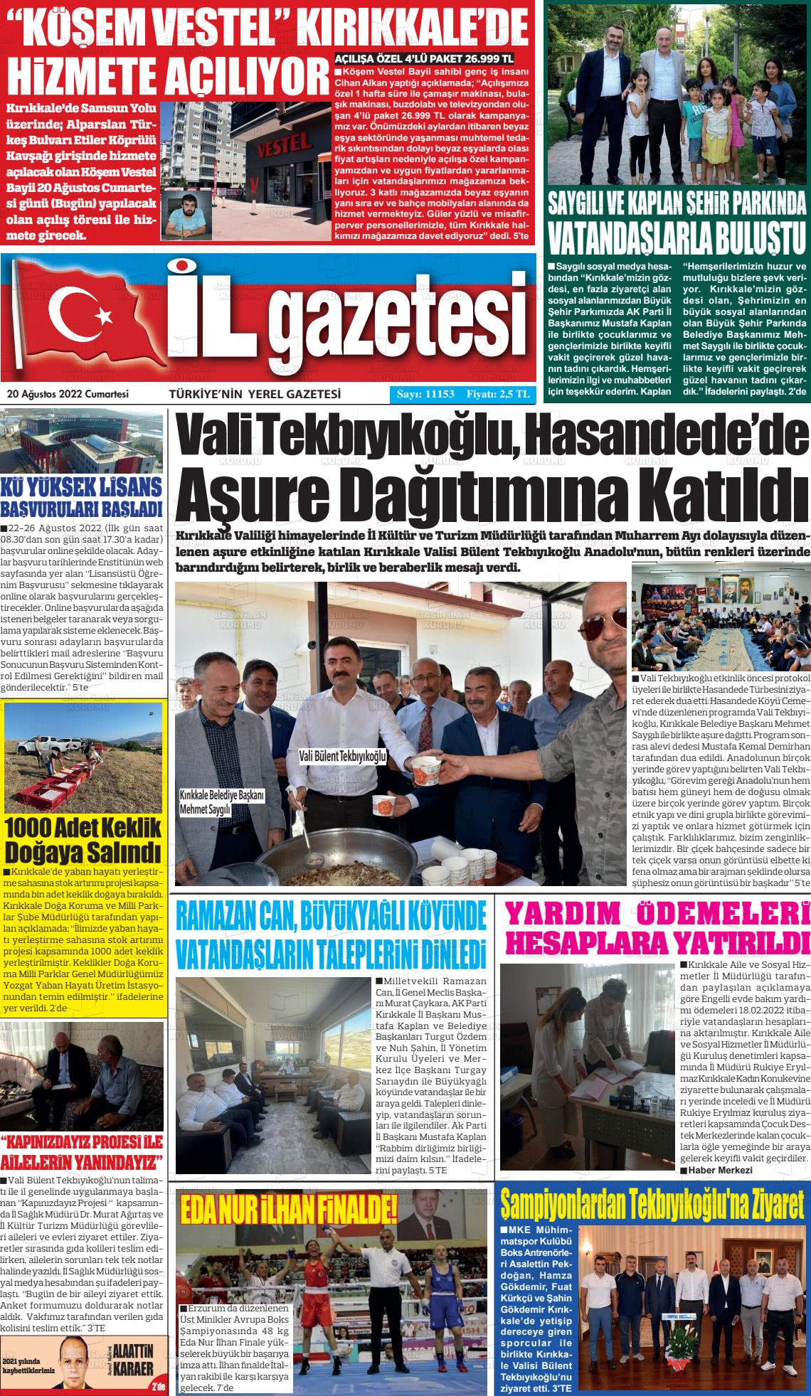 20 Ağustos 2022 Kırıkkale İl Gazete Manşeti