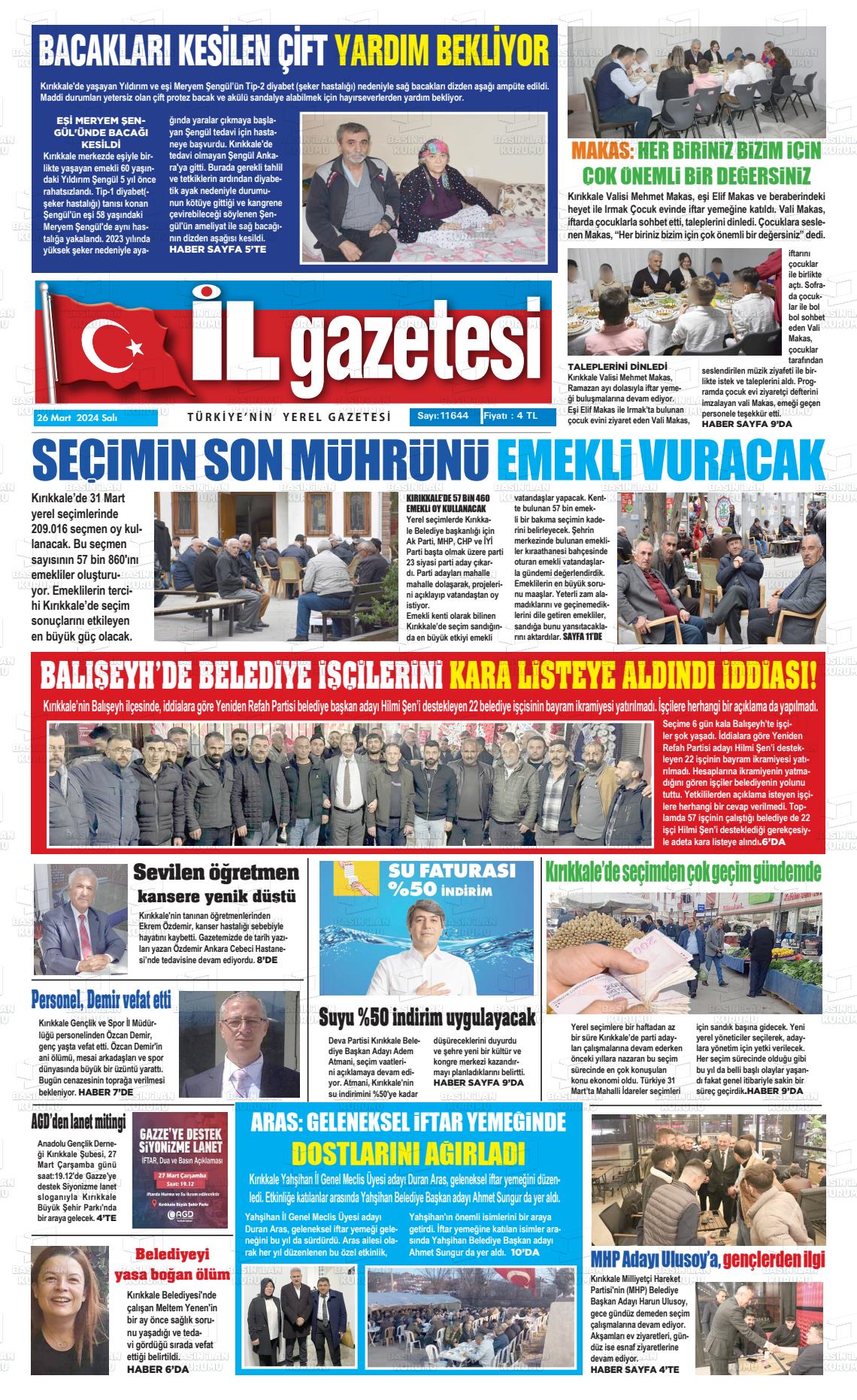 26 Mart 2024 Kırıkkale İl Gazete Manşeti