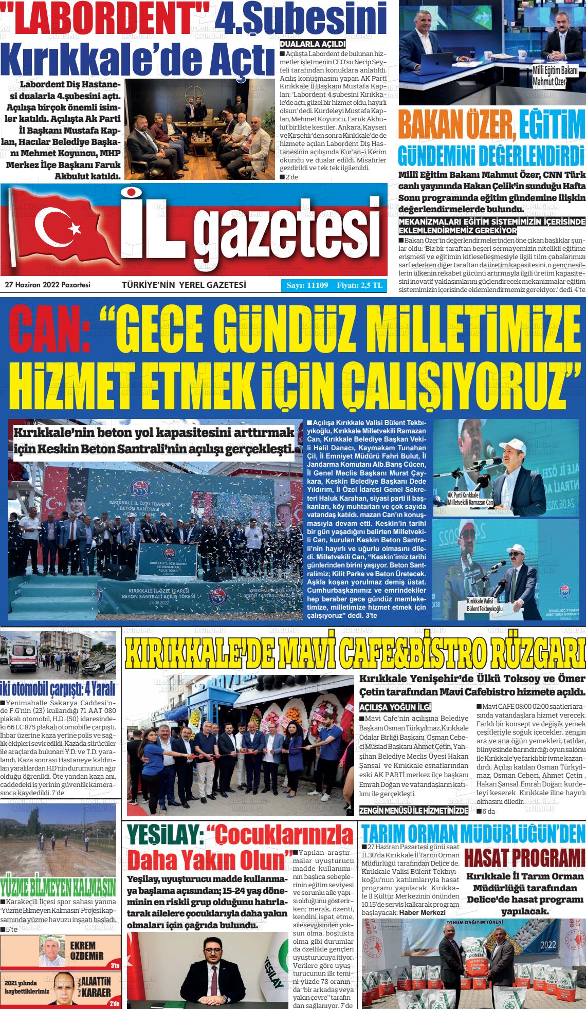 27 Haziran 2022 Kırıkkale İl Gazete Manşeti