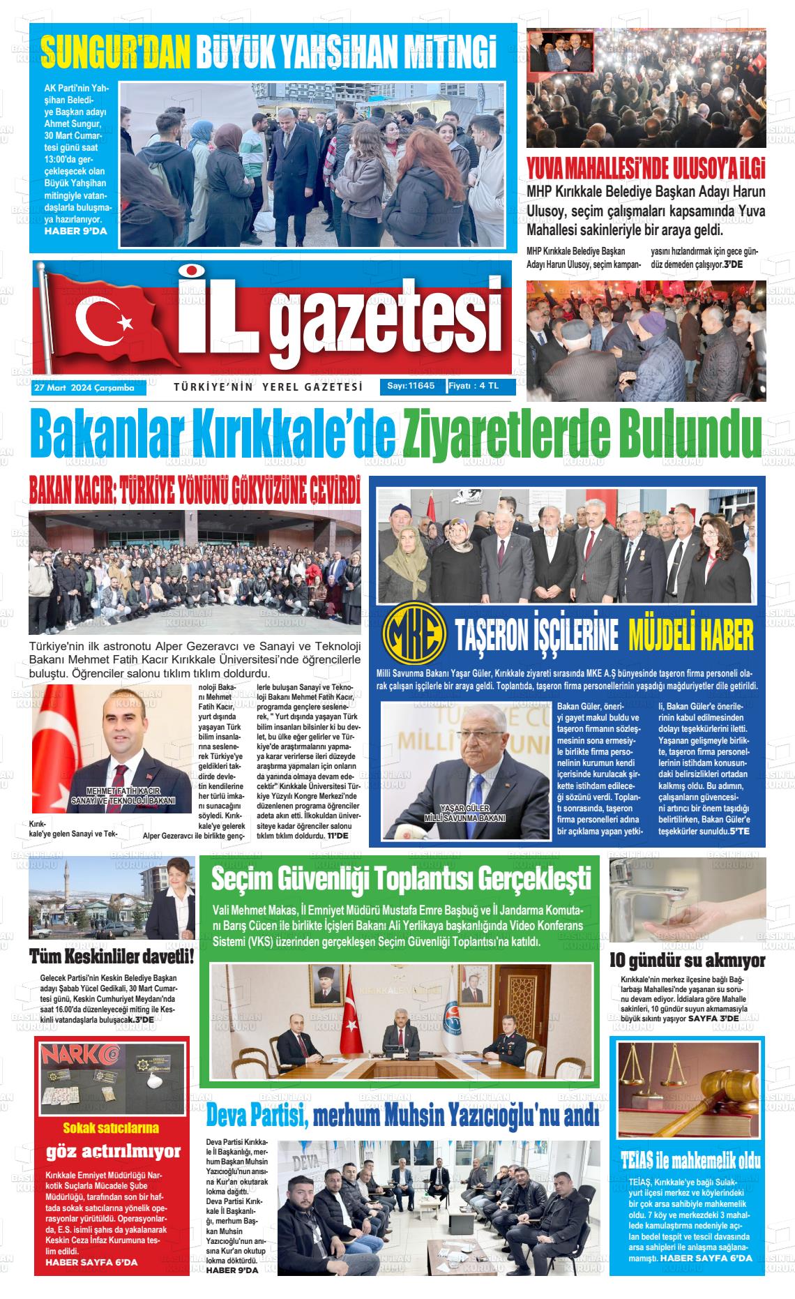 27 Mart 2024 Kırıkkale İl Gazete Manşeti
