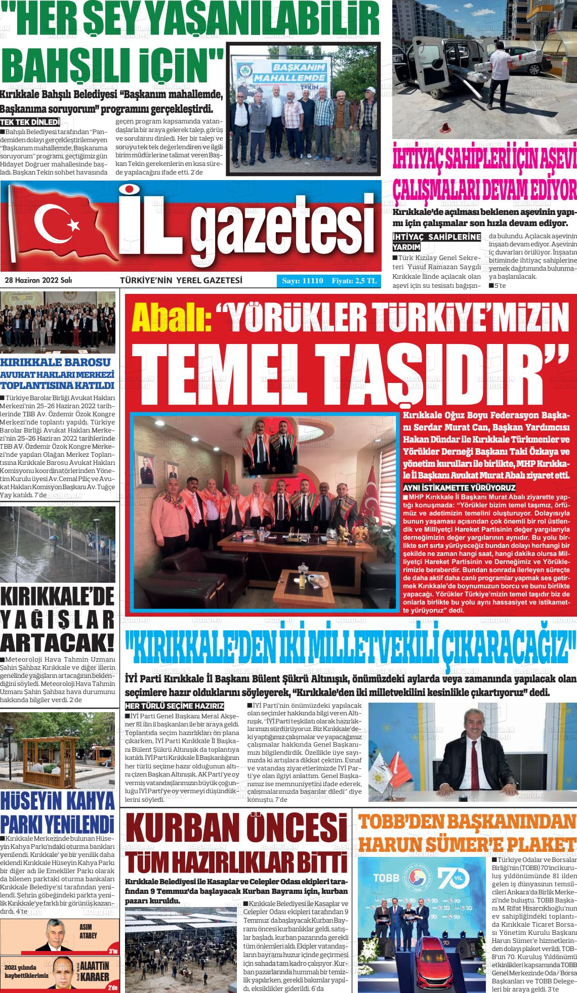 28 Haziran 2022 Kırıkkale İl Gazete Manşeti
