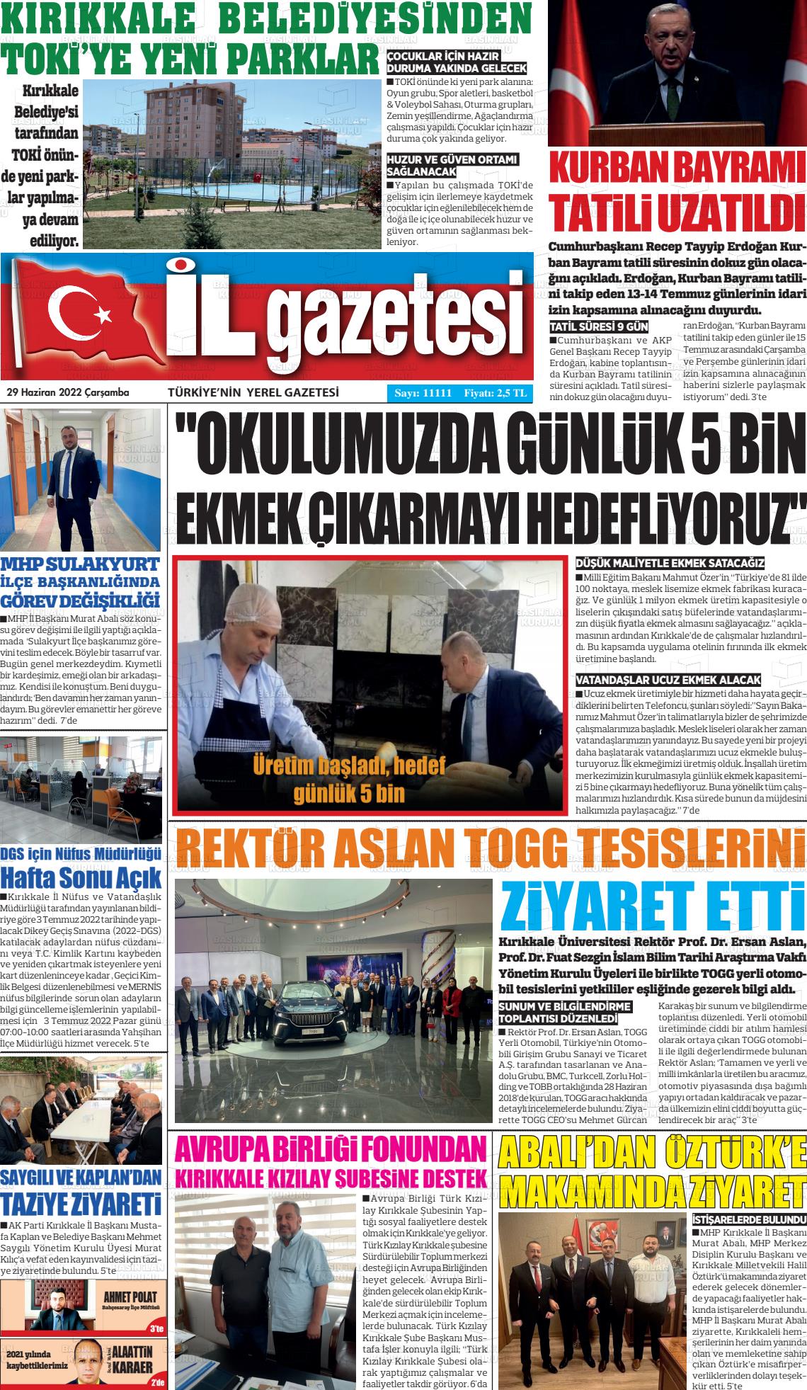 29 Haziran 2022 Kırıkkale İl Gazete Manşeti