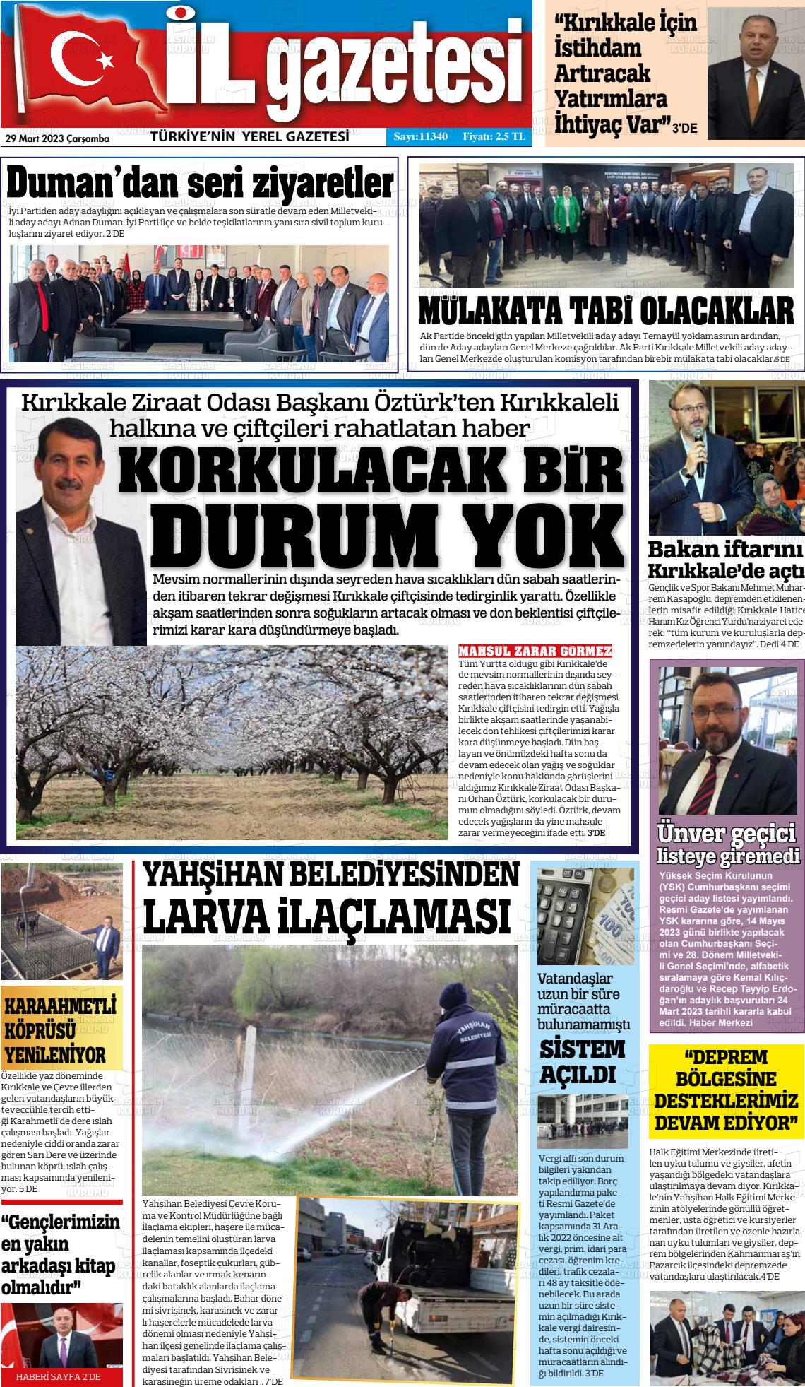 29 Mart 2023 Kırıkkale İl Gazete Manşeti
