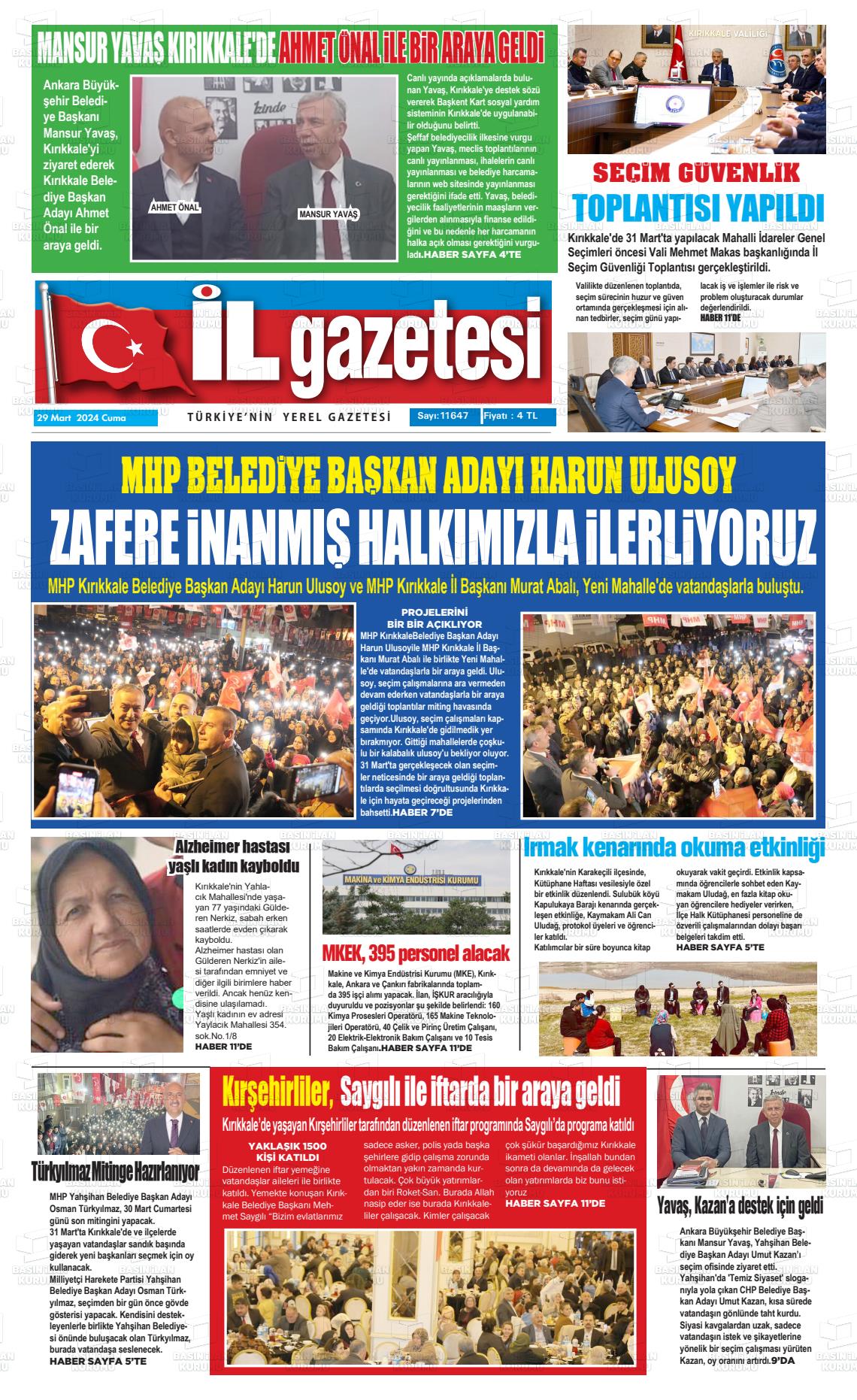 29 Mart 2024 Kırıkkale İl Gazete Manşeti