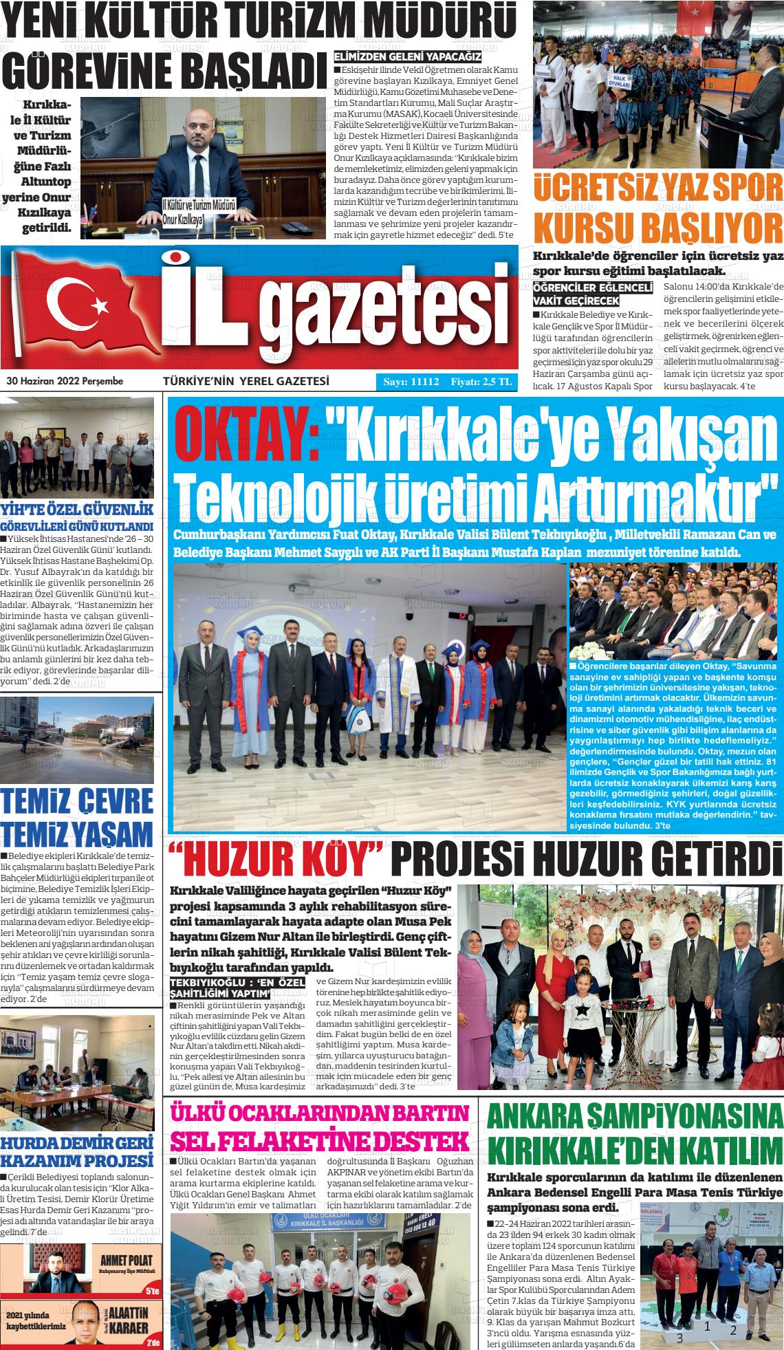 01 Temmuz 2022 Kırıkkale İl Gazete Manşeti