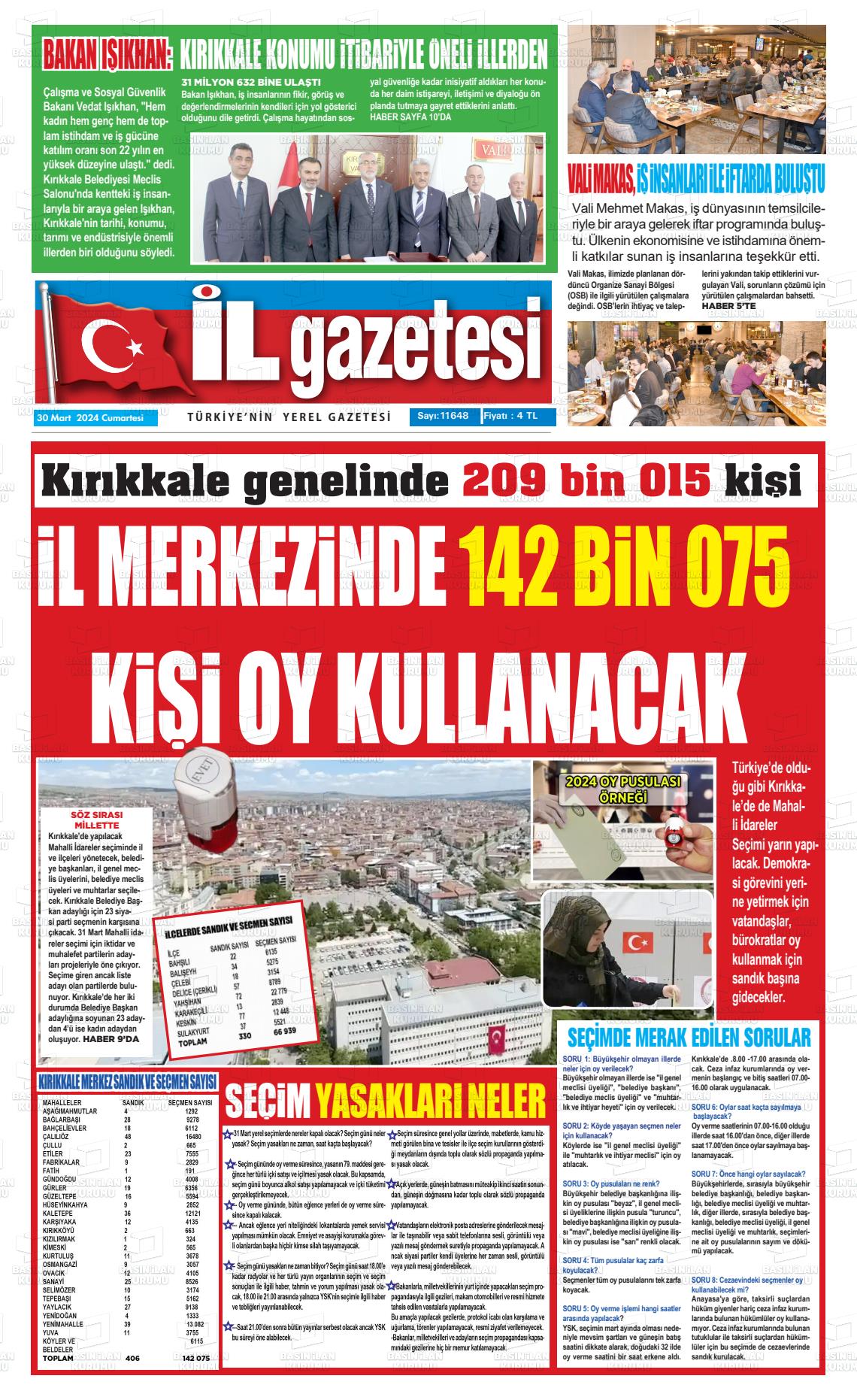 30 Mart 2024 Kırıkkale İl Gazete Manşeti