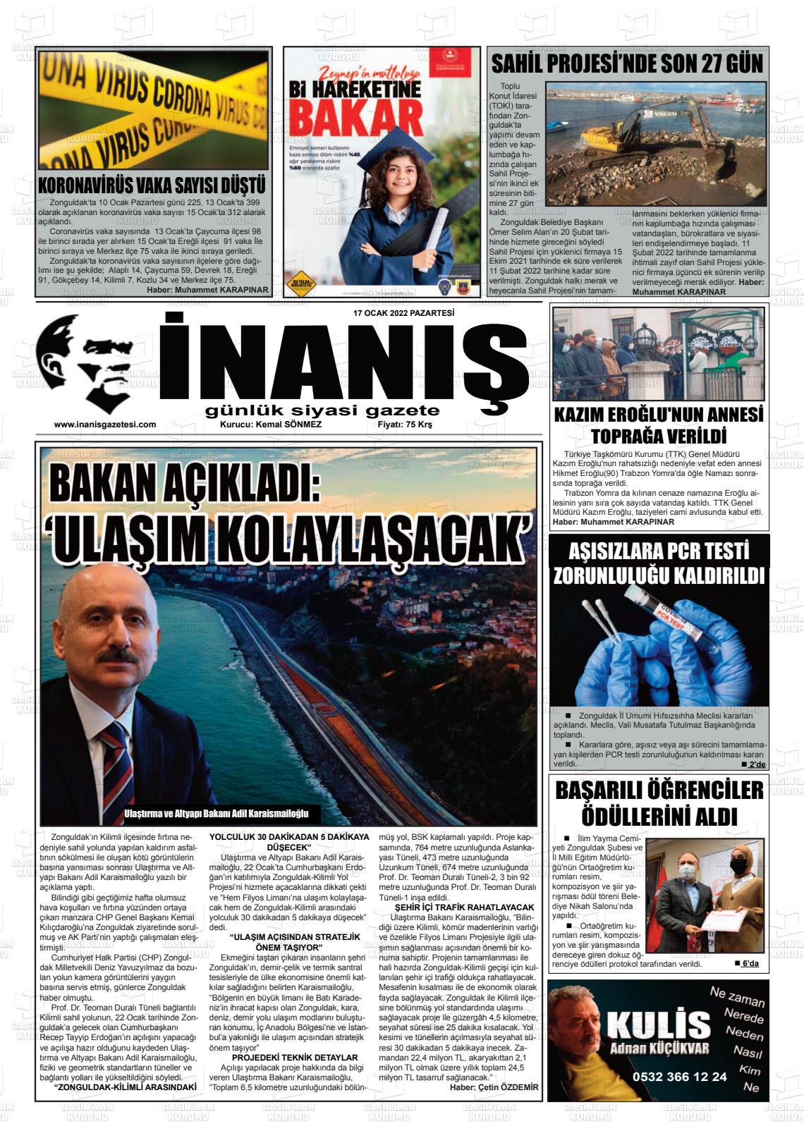 17 Ocak 2022 İnaniş Gazete Manşeti