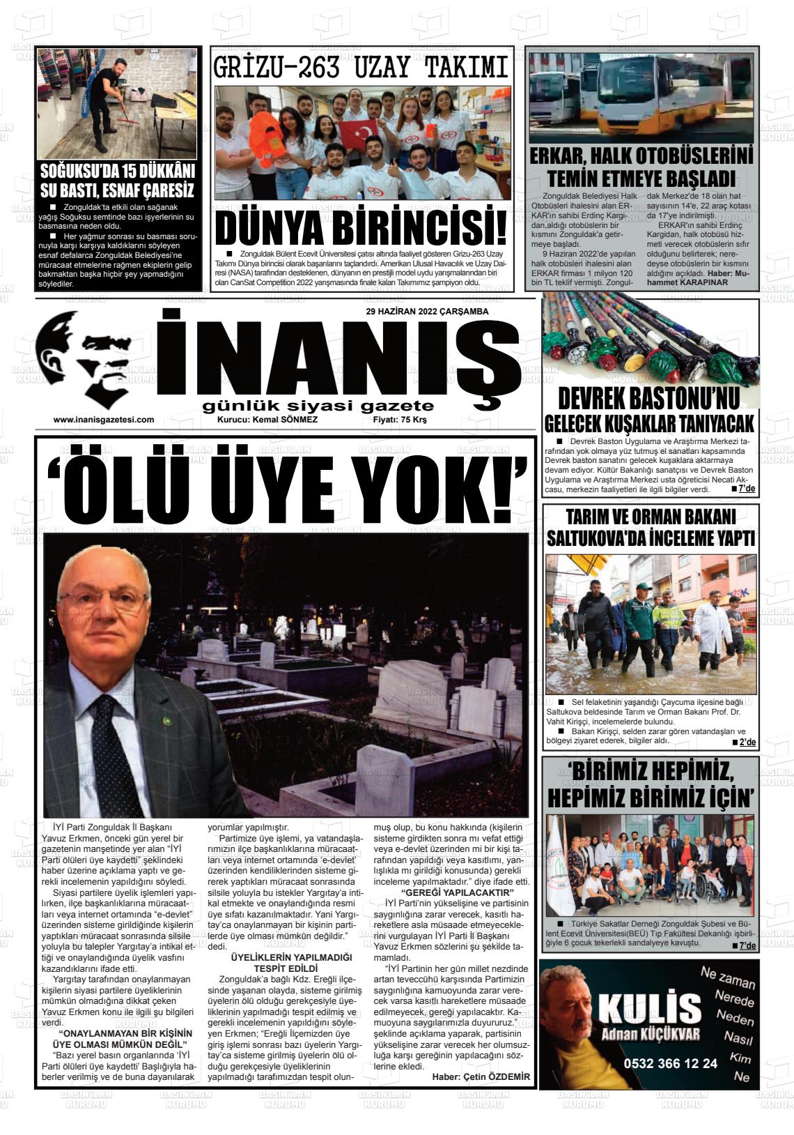 29 Haziran 2022 İnaniş Gazete Manşeti