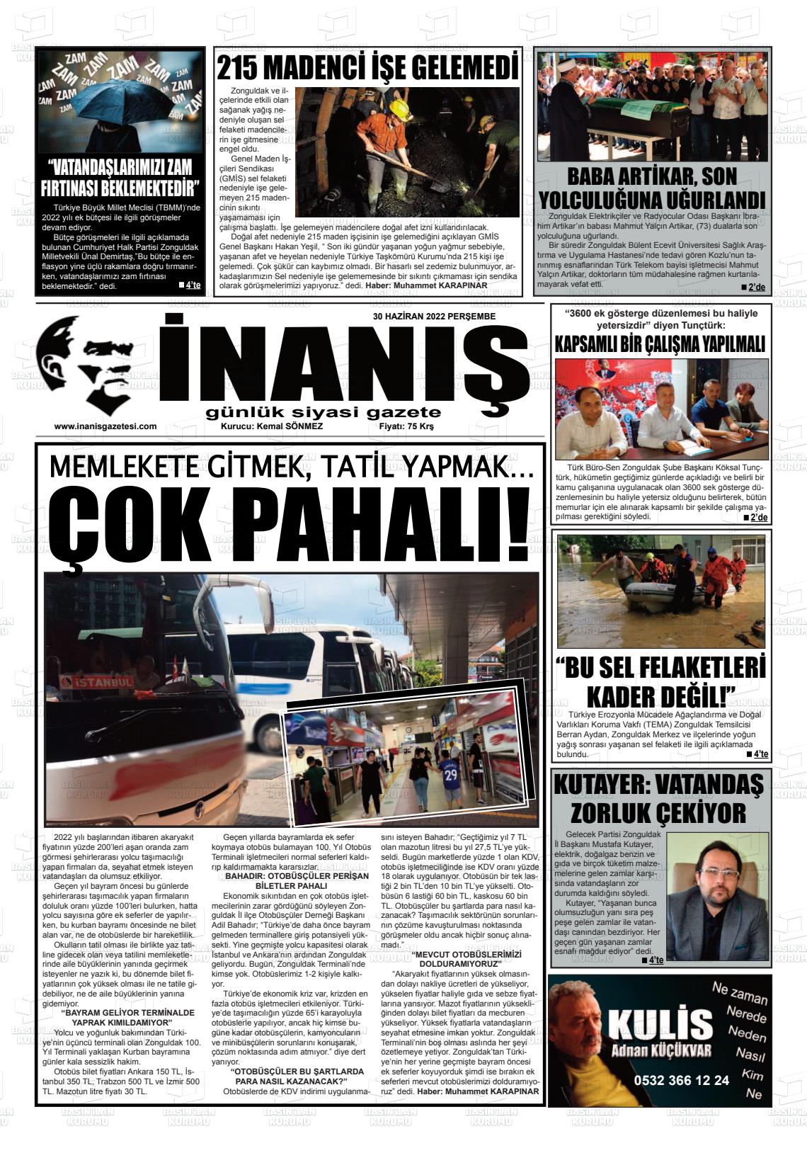 01 Temmuz 2022 İnaniş Gazete Manşeti