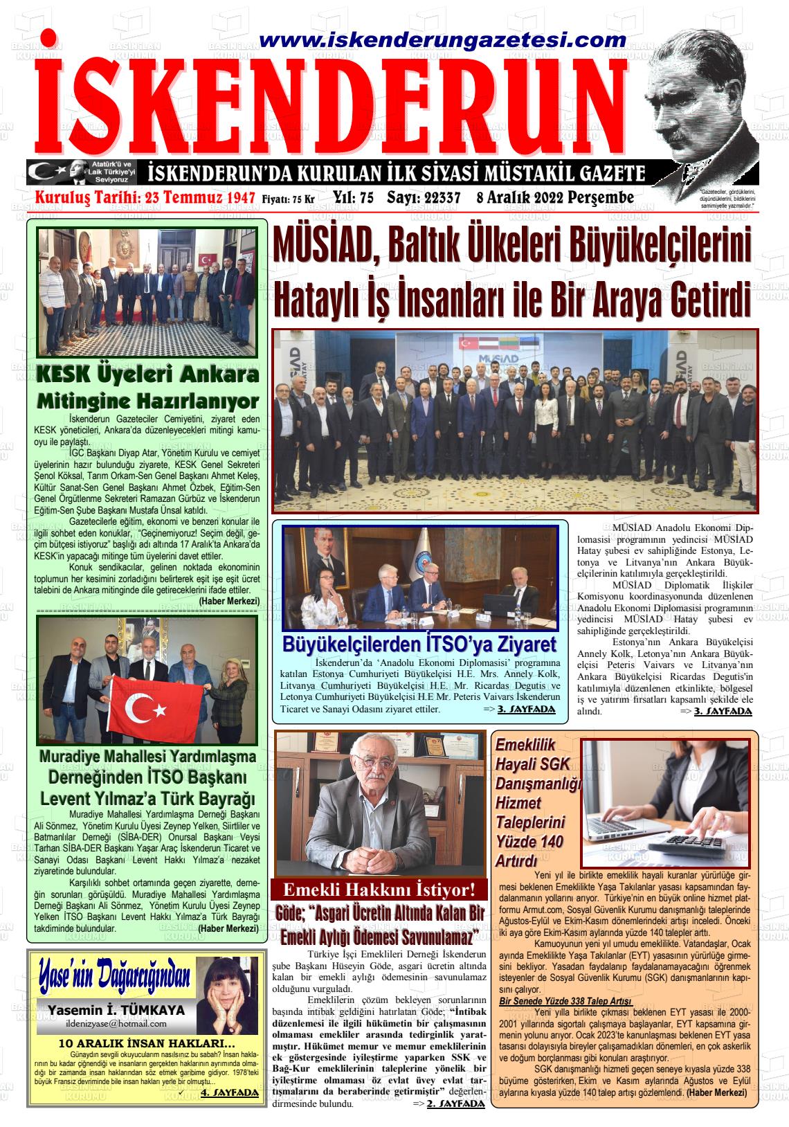 08 Aralık 2022 İskenderun Gazete Manşeti