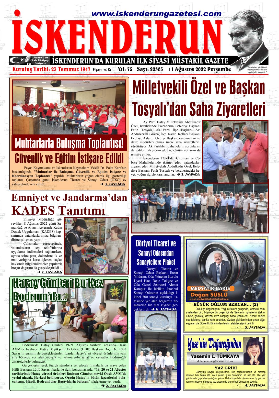 11 Ağustos 2022 İskenderun Gazete Manşeti