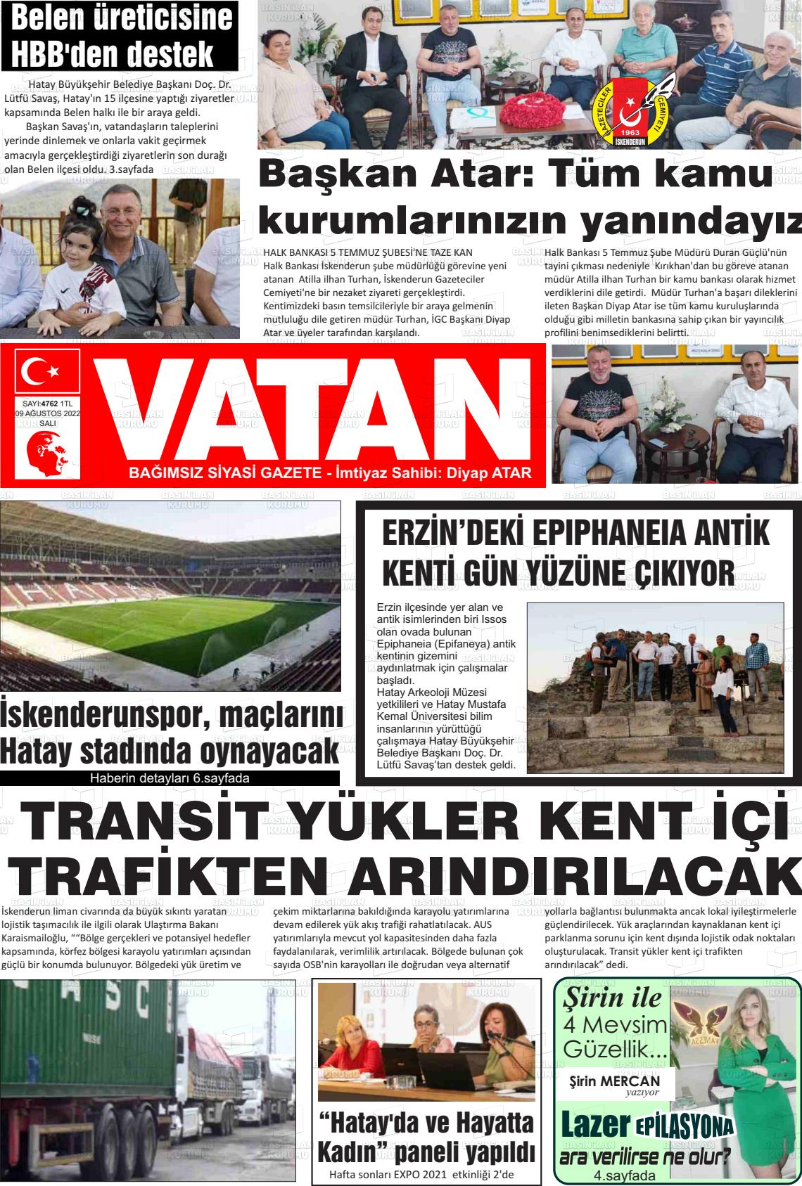 09 Ağustos 2022 İskenderun Vatan Gazete Manşeti