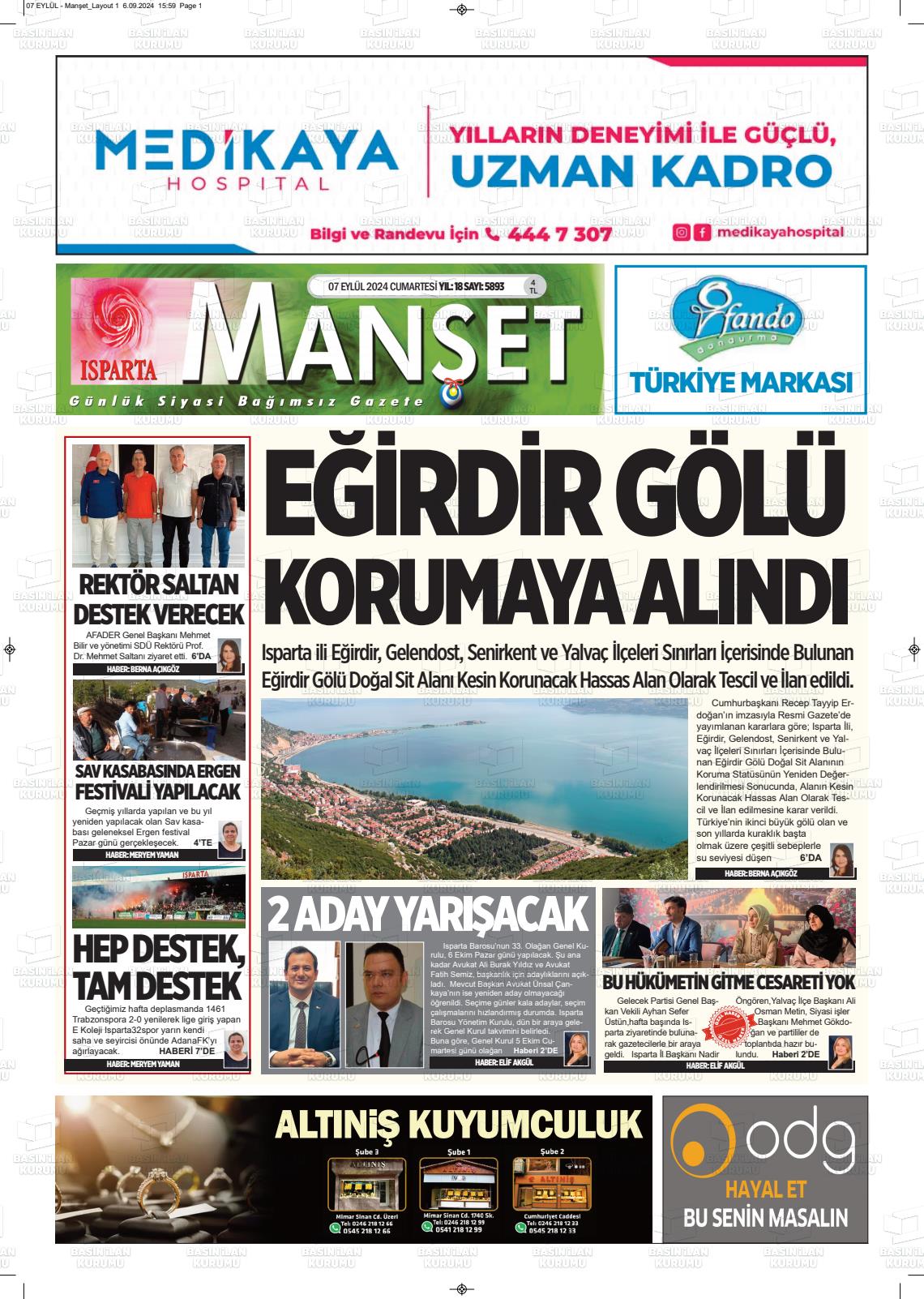 07 Eylül 2024 Isparta Manşet Gazete Manşeti