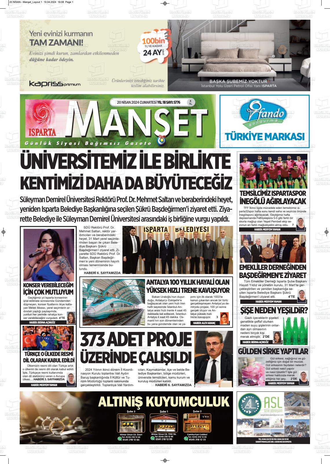 20 Nisan 2024 Isparta Manşet Gazete Manşeti