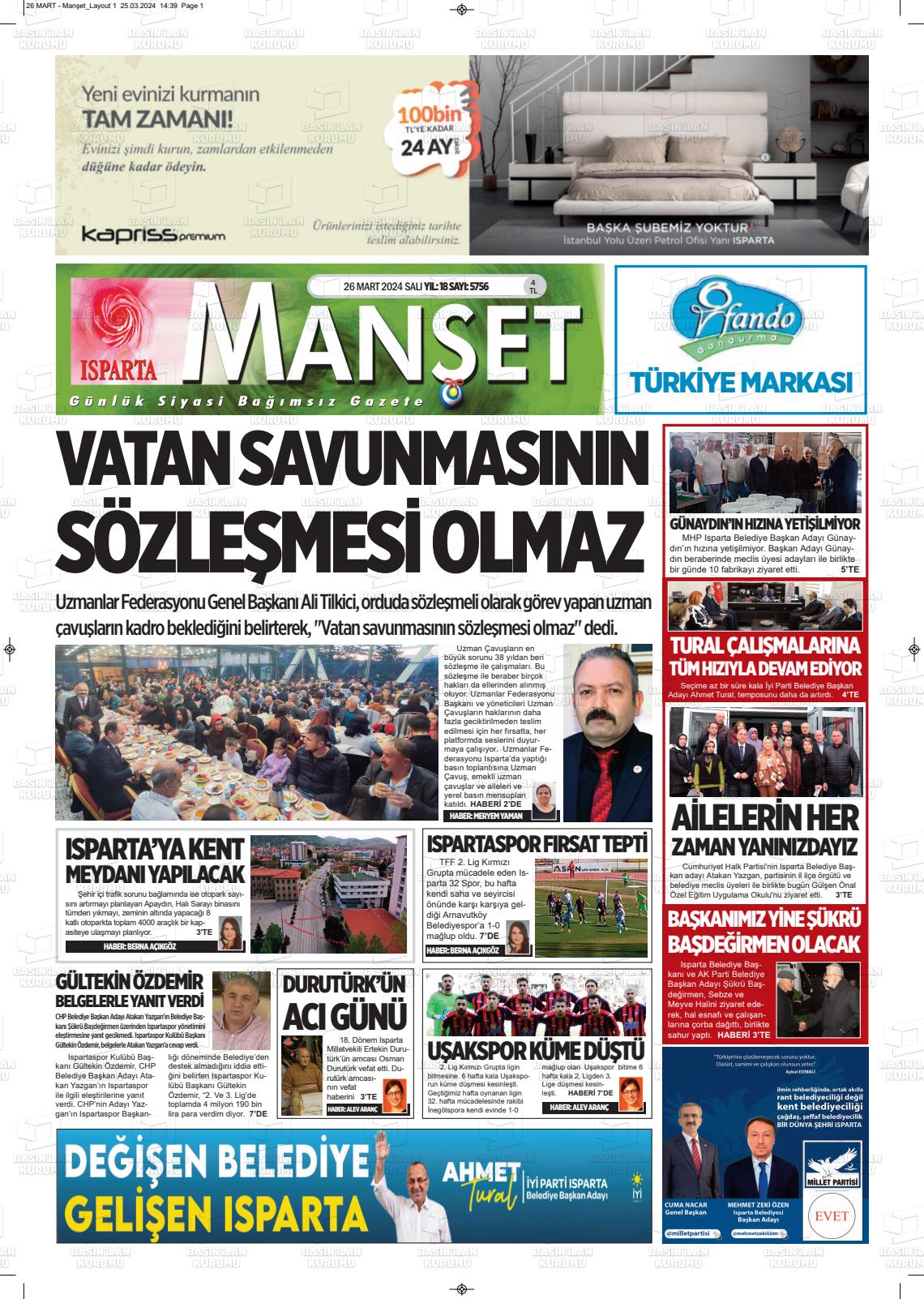 26 Mart 2024 Isparta Manşet Gazete Manşeti