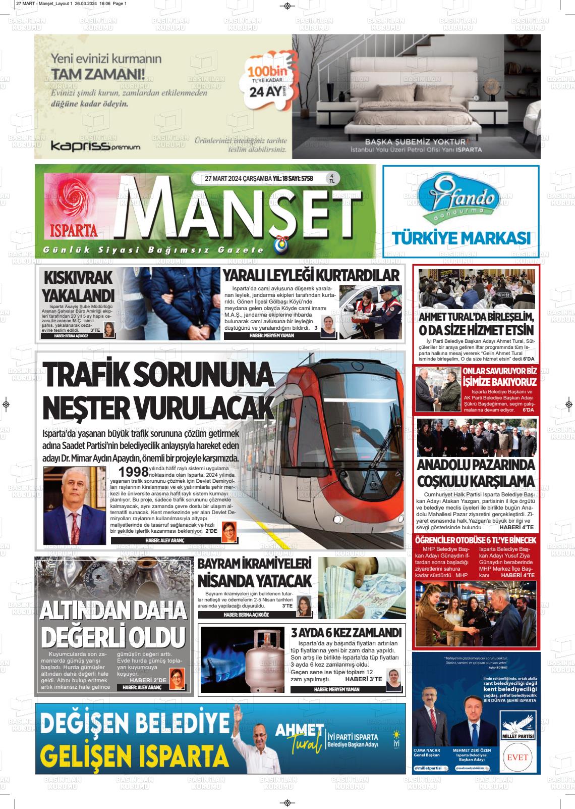 27 Mart 2024 Isparta Manşet Gazete Manşeti