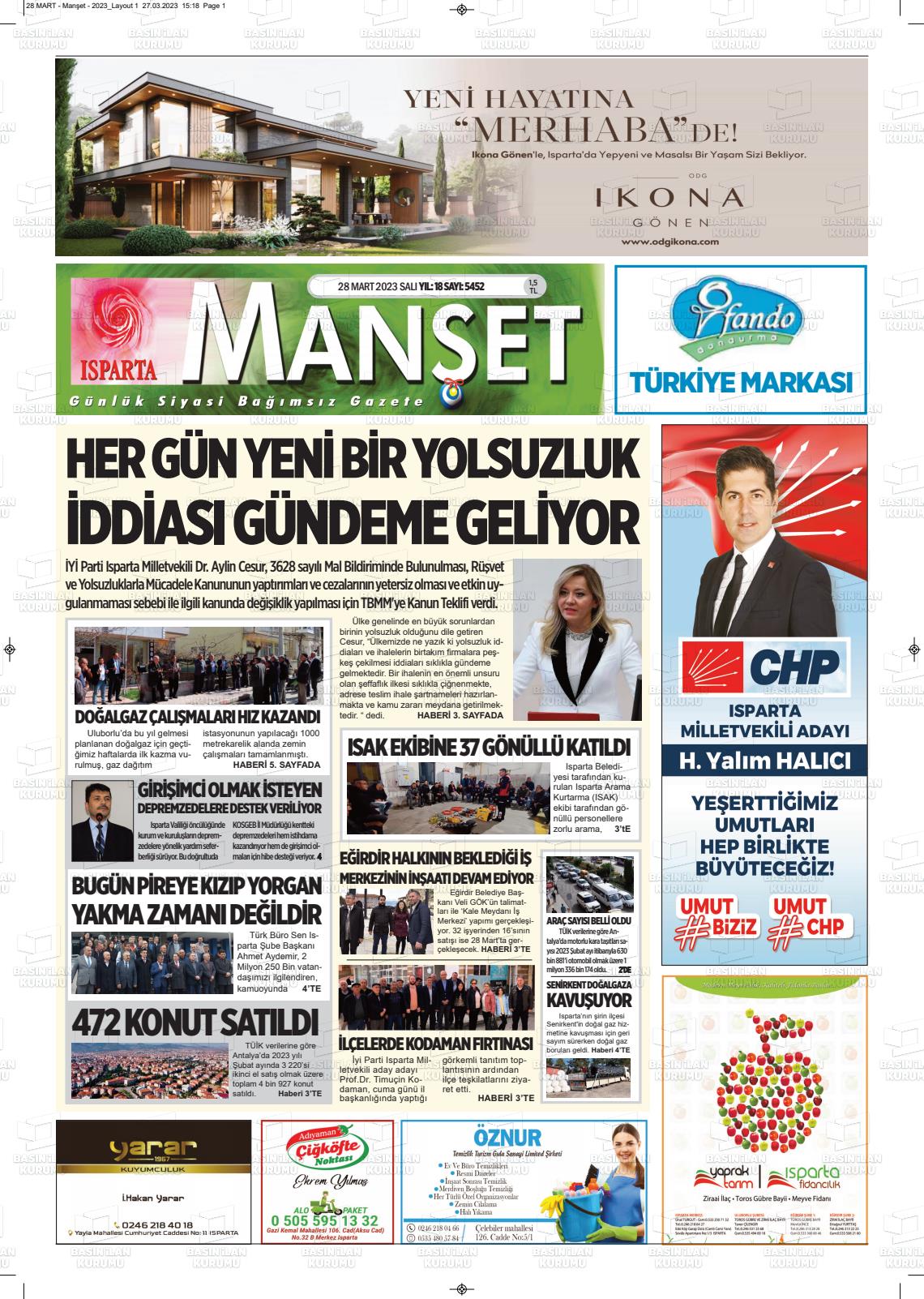 28 Mart 2023 Isparta Manşet Gazete Manşeti