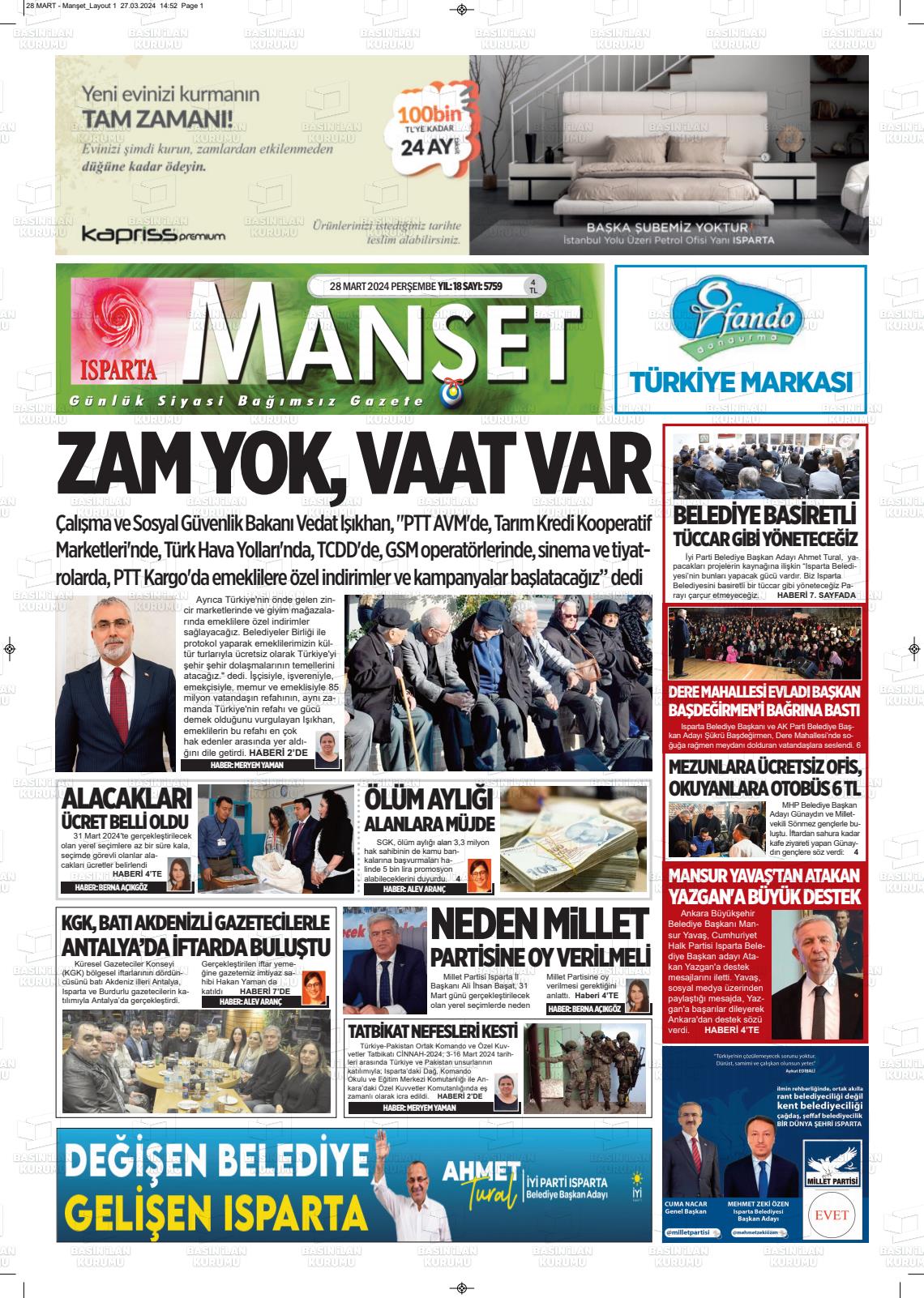 28 Mart 2024 Isparta Manşet Gazete Manşeti
