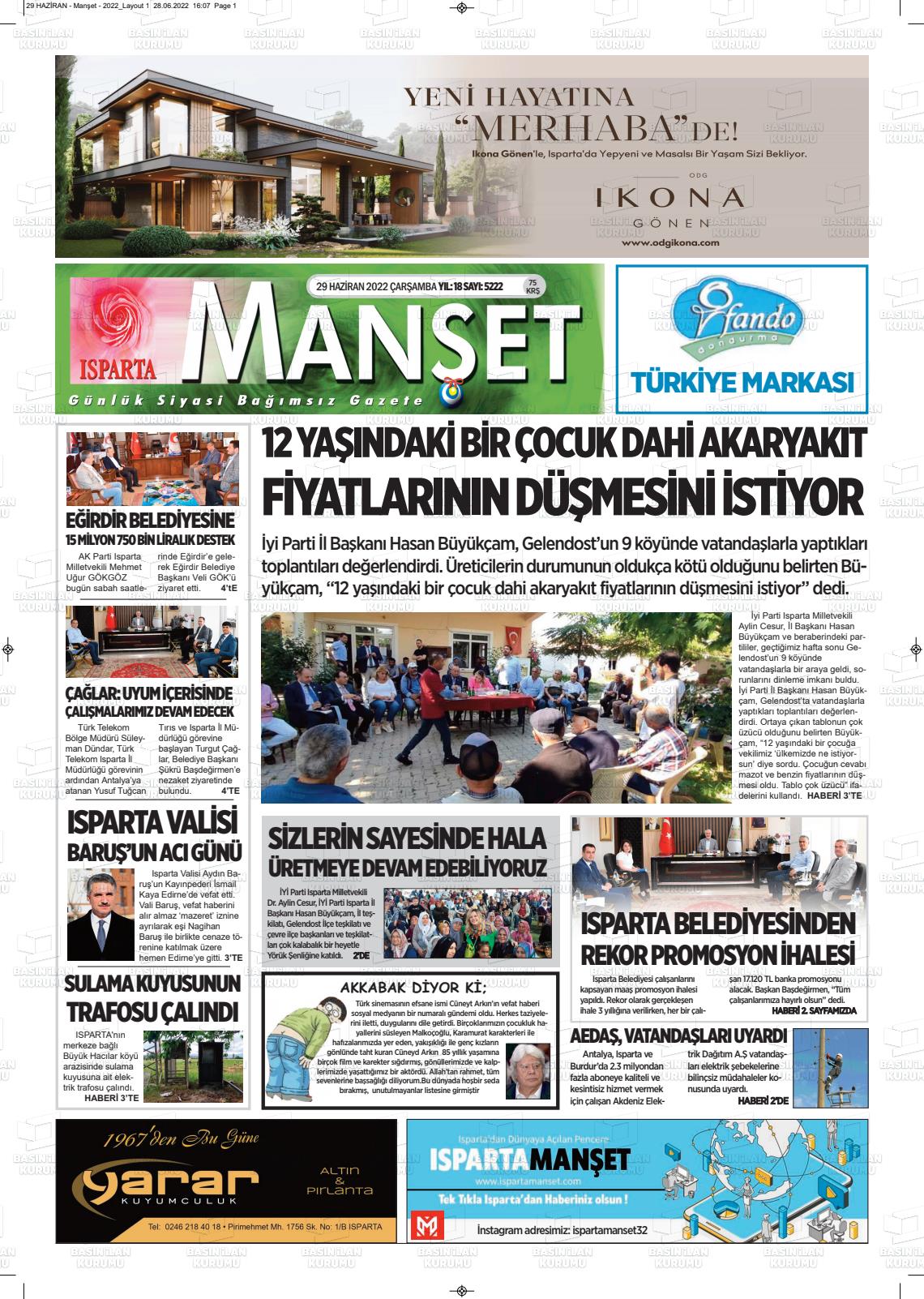29 Haziran 2022 Isparta Manşet Gazete Manşeti