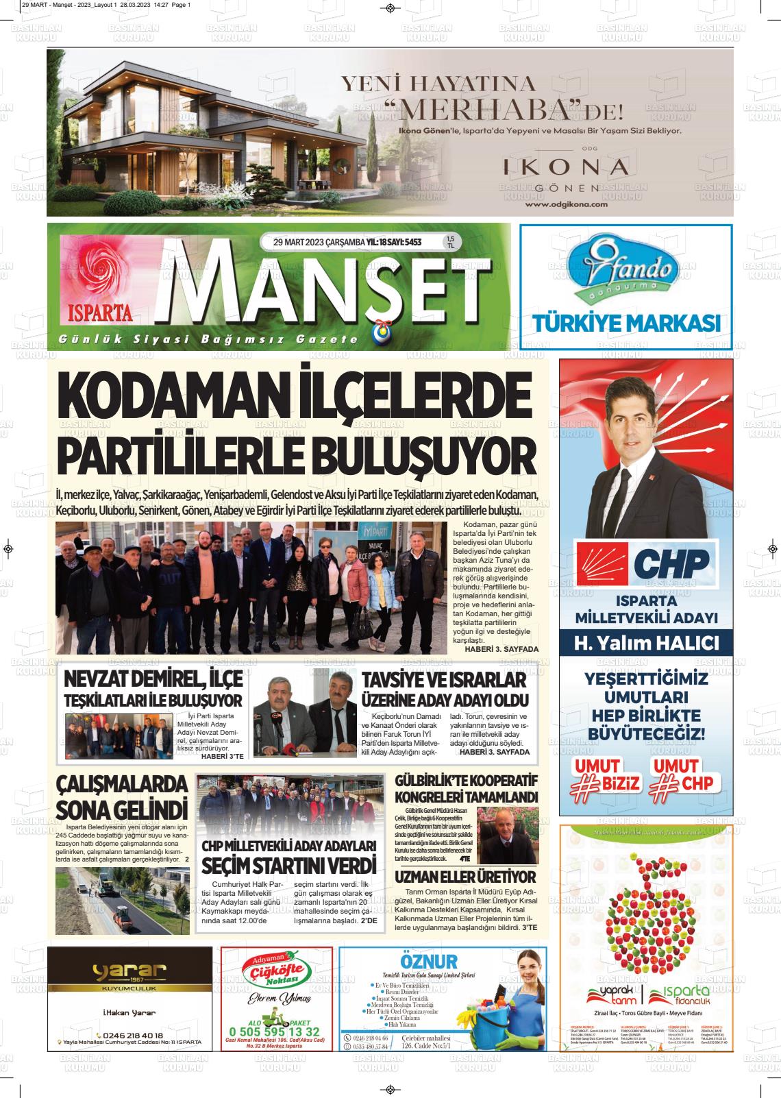 29 Mart 2023 Isparta Manşet Gazete Manşeti