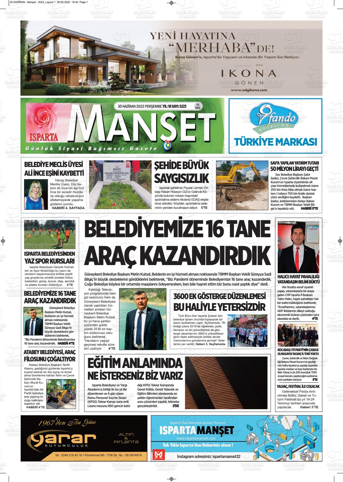 01 Temmuz 2022 Isparta Manşet Gazete Manşeti