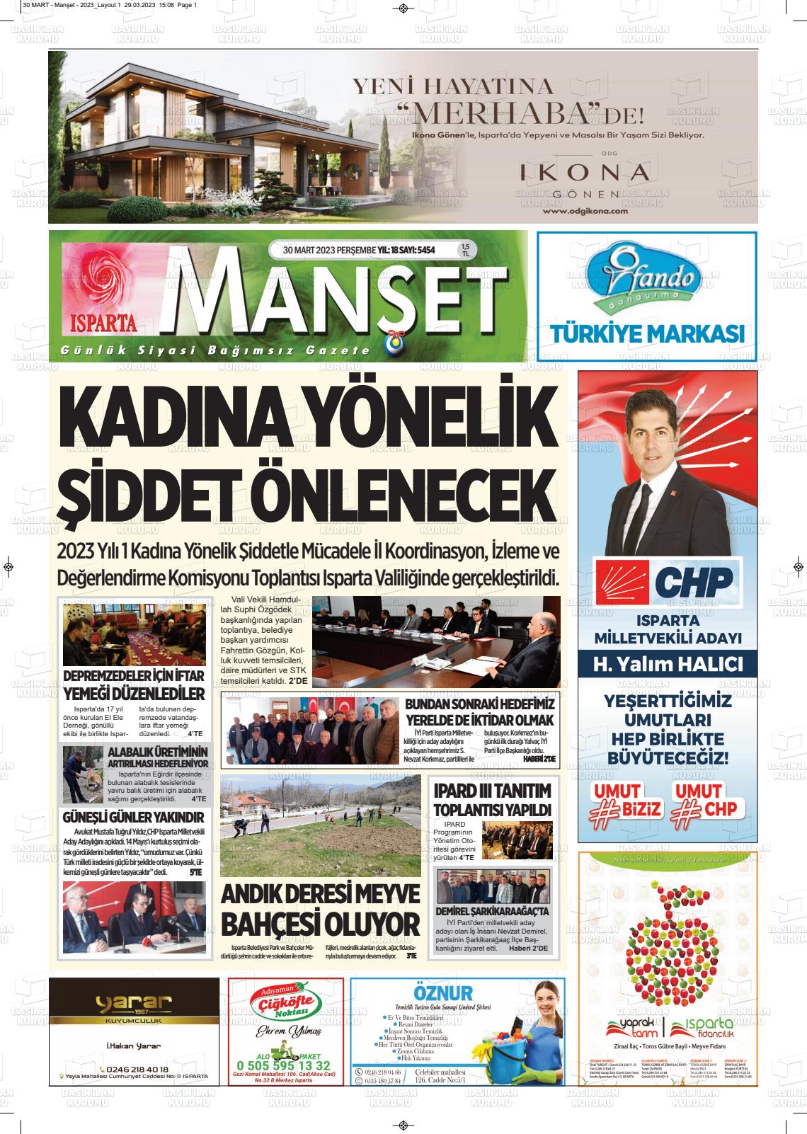 30 Mart 2023 Isparta Manşet Gazete Manşeti