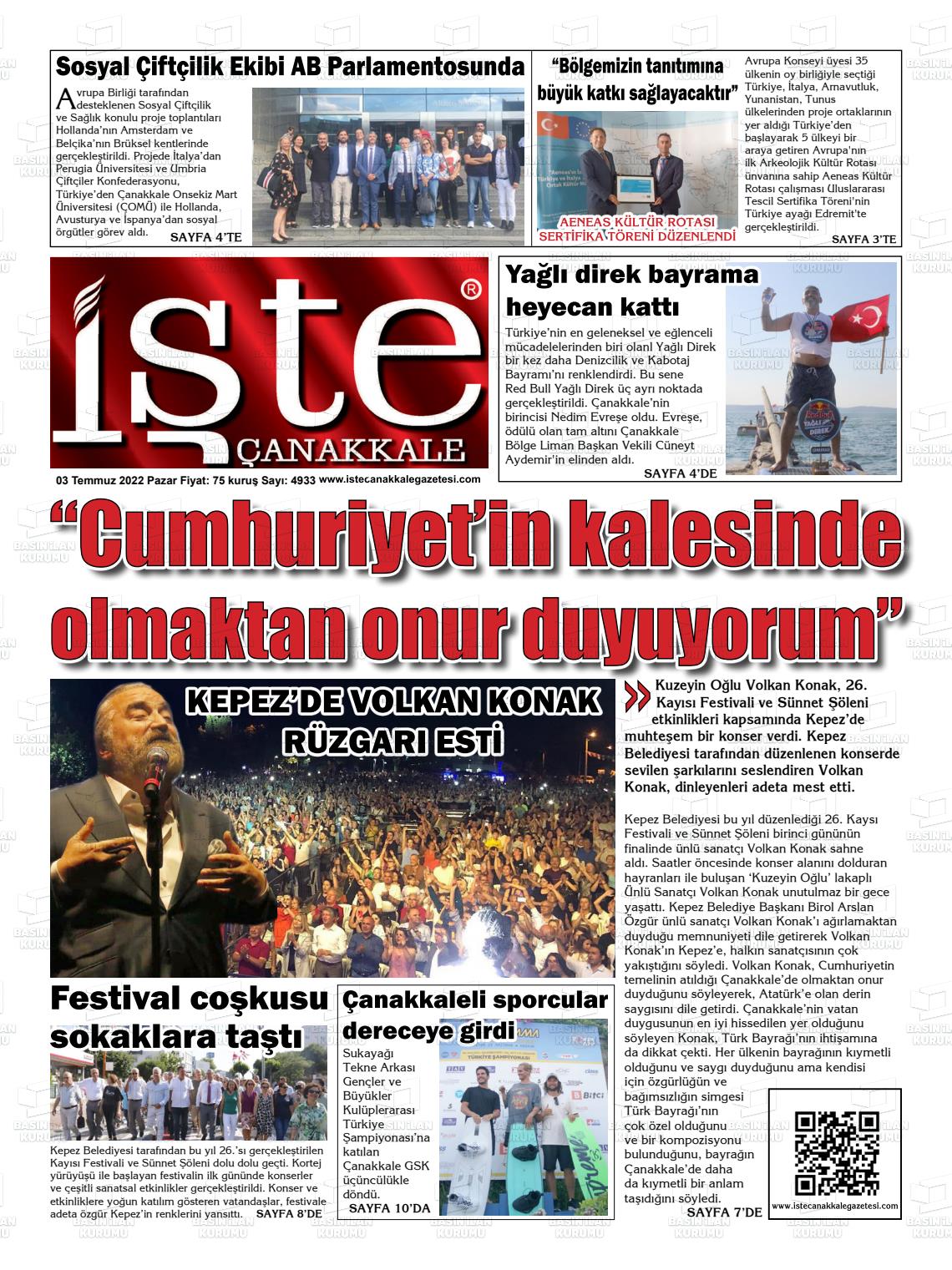 03 Temmuz 2022 İşte Çanakkale Gazete Manşeti