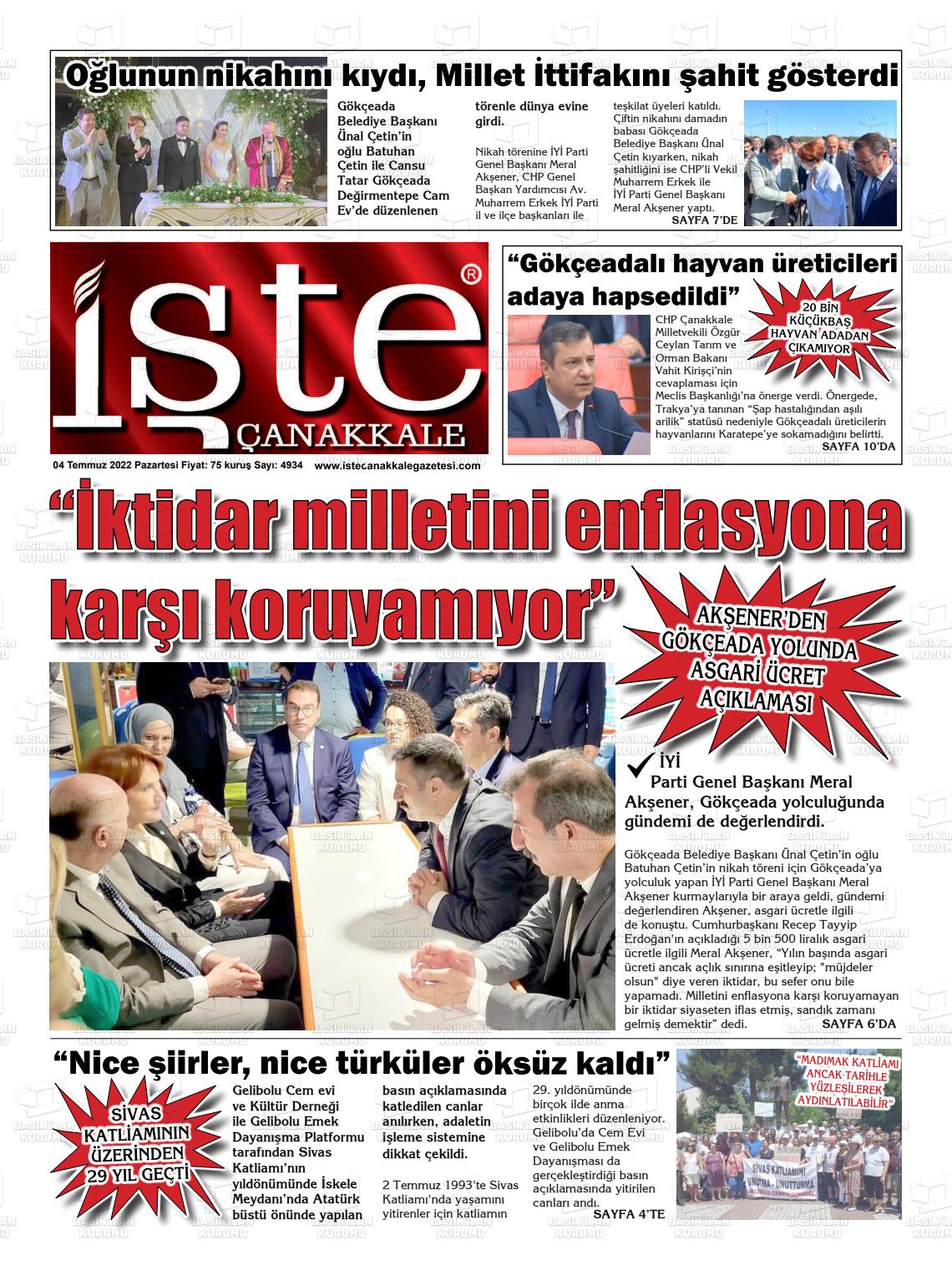 04 Temmuz 2022 İşte Çanakkale Gazete Manşeti