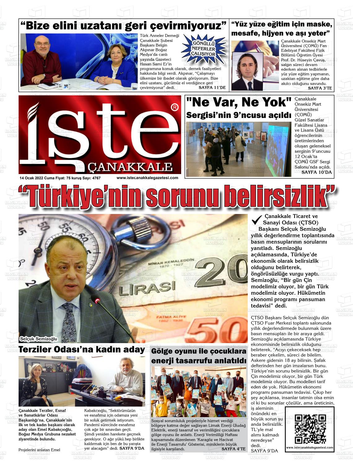 14 Ocak 2022 İşte Çanakkale Gazete Manşeti