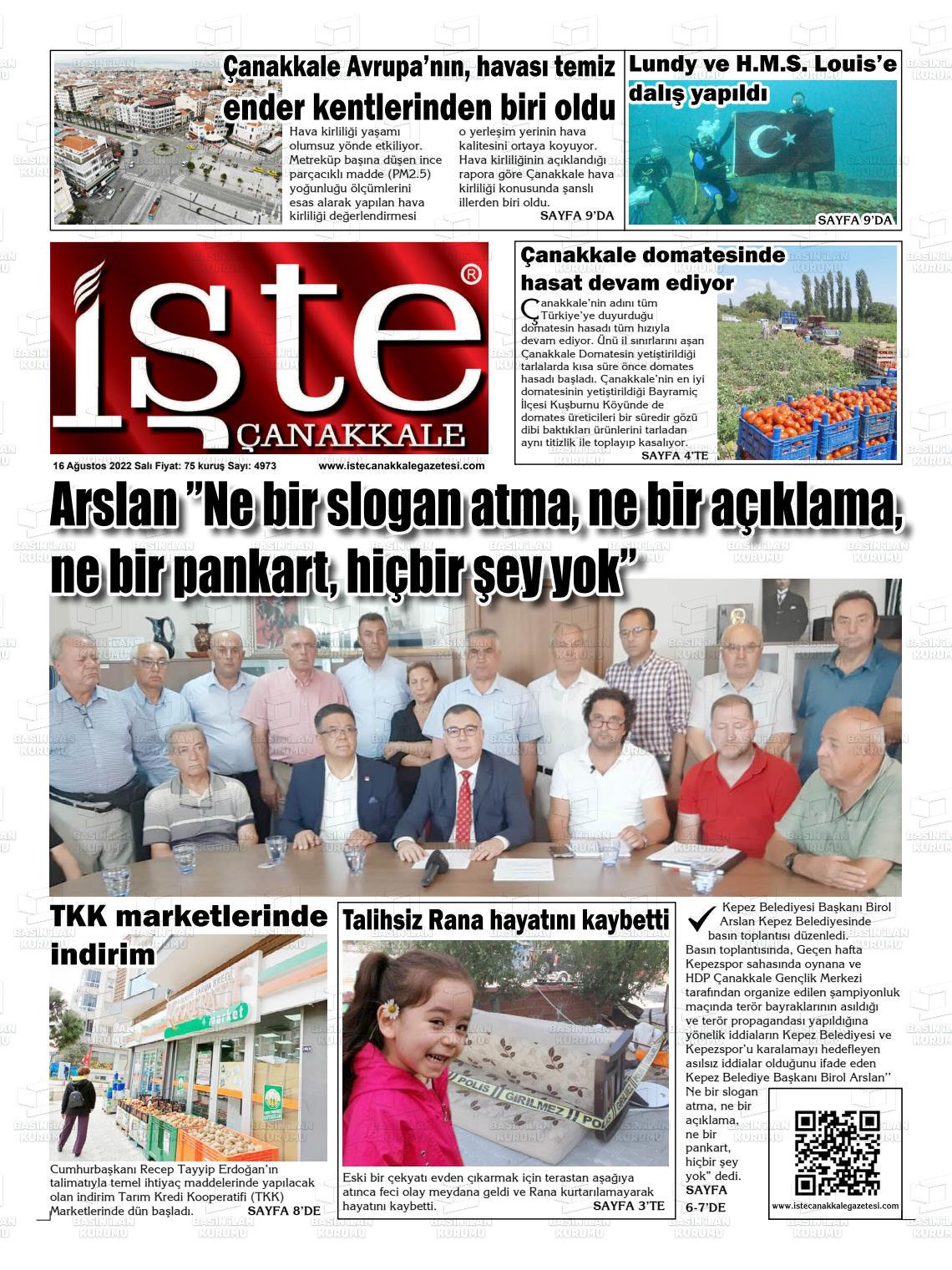 16 Ağustos 2022 İşte Çanakkale Gazete Manşeti
