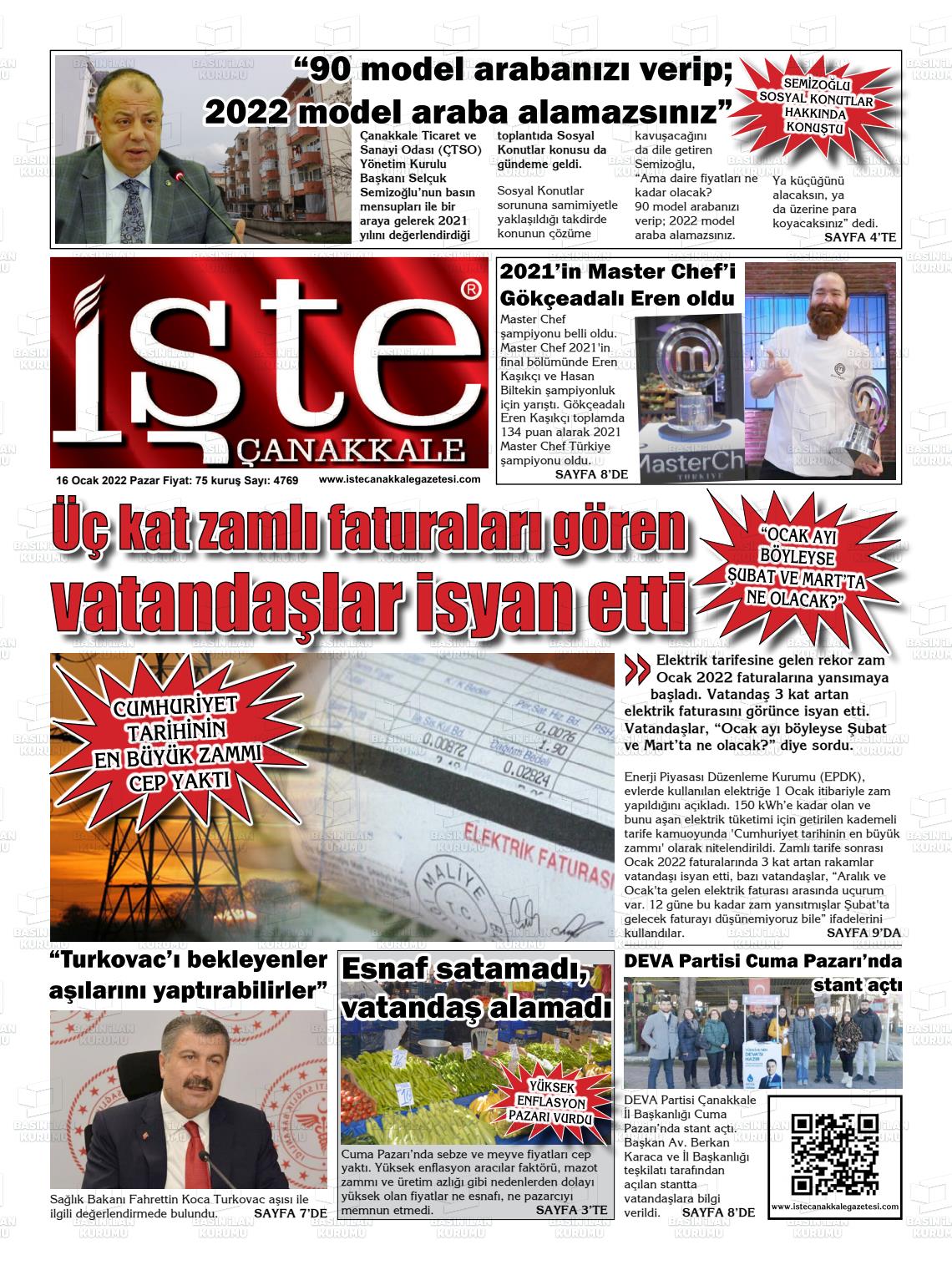 16 Ocak 2022 İşte Çanakkale Gazete Manşeti
