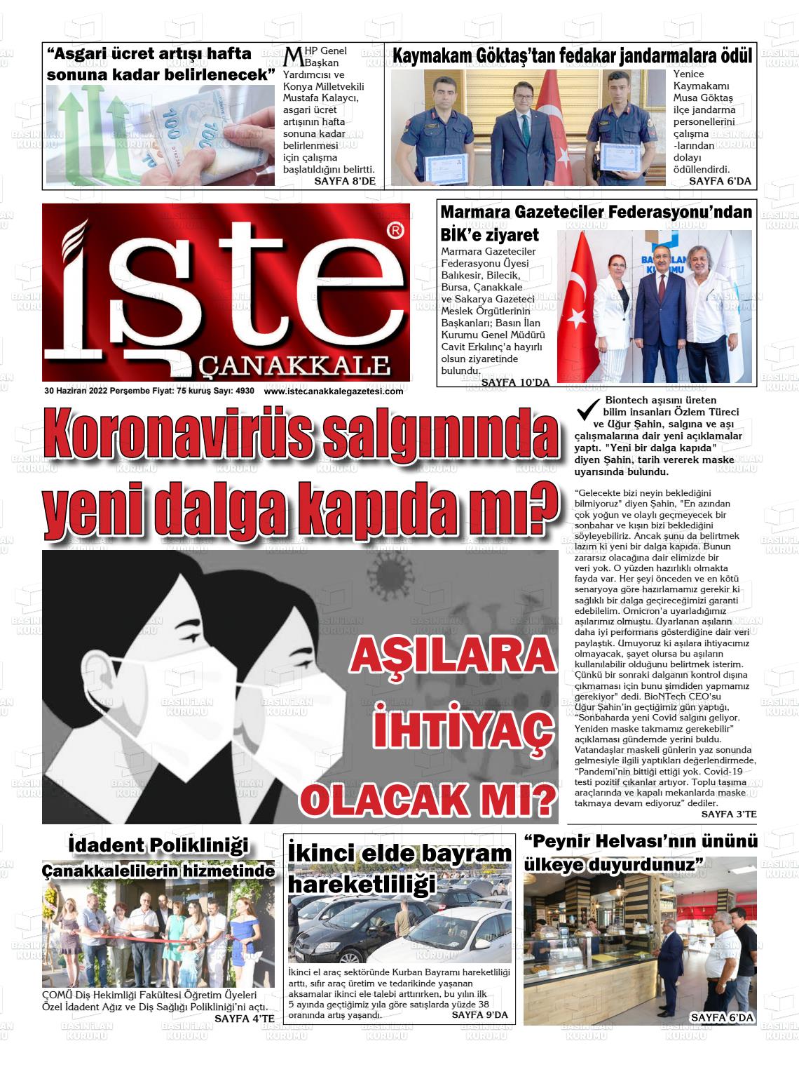30 Haziran 2022 İşte Çanakkale Gazete Manşeti