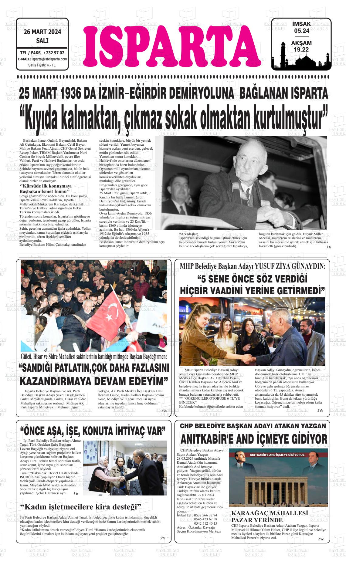 26 Mart 2024 Isparta Gazete Manşeti