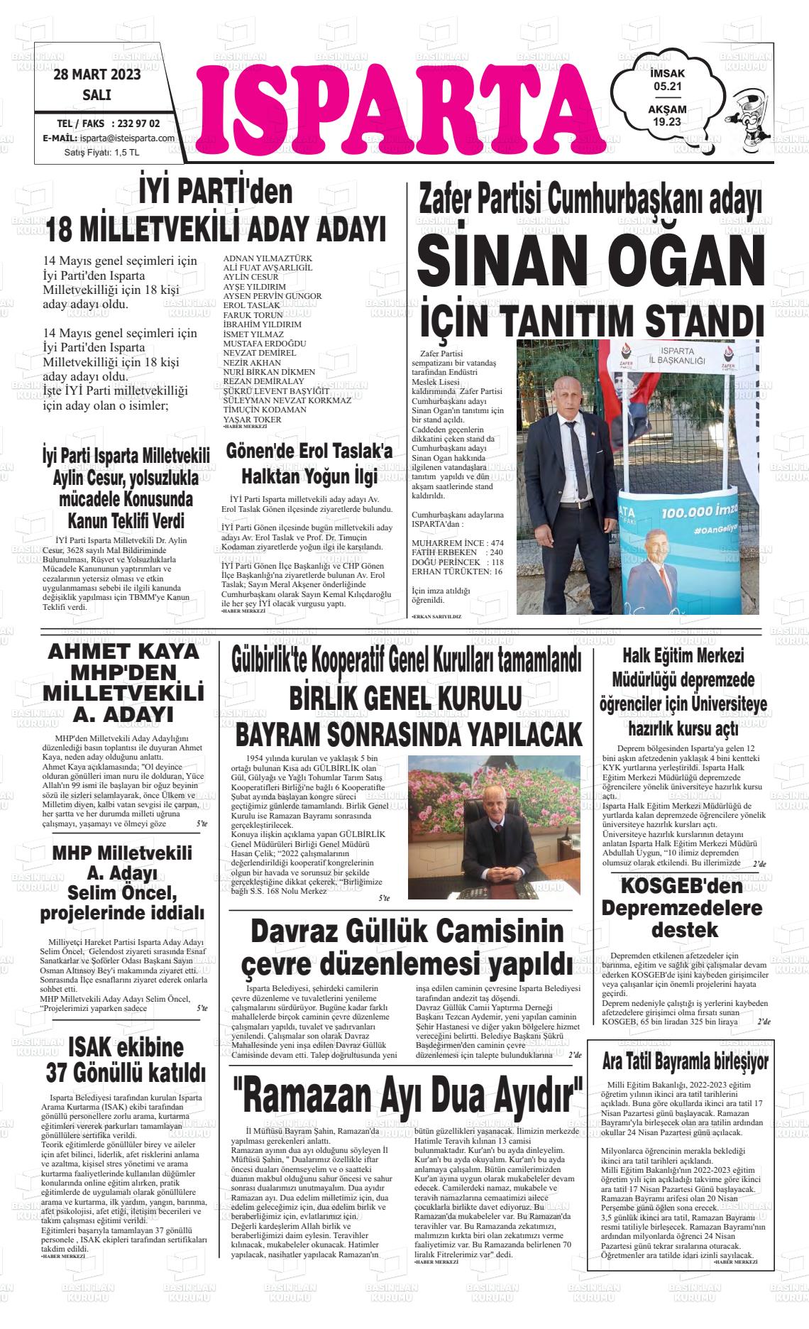 28 Mart 2023 Isparta Gazete Manşeti